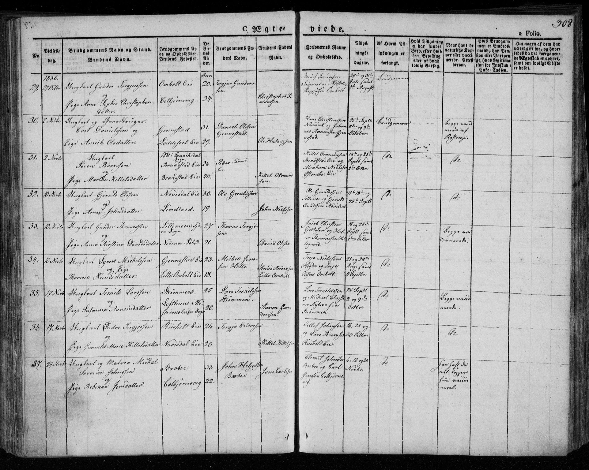 Øyestad sokneprestkontor, SAK/1111-0049/F/Fa/L0013: Parish register (official) no. A 13, 1827-1842, p. 308