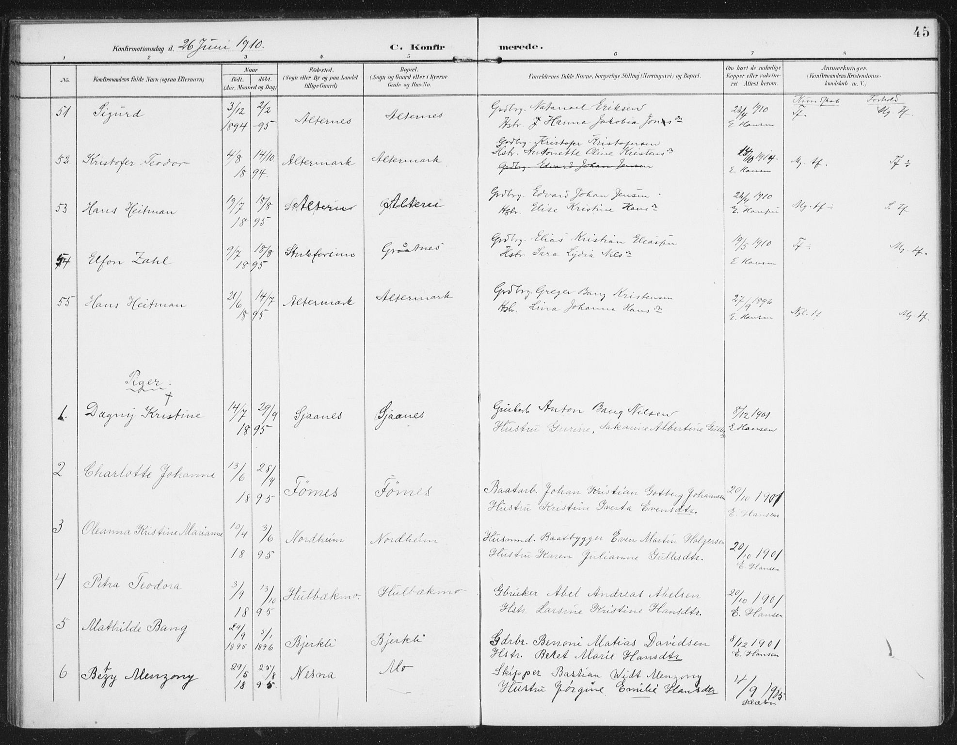 Ministerialprotokoller, klokkerbøker og fødselsregistre - Nordland, AV/SAT-A-1459/827/L0403: Parish register (official) no. 827A15, 1903-1912, p. 45