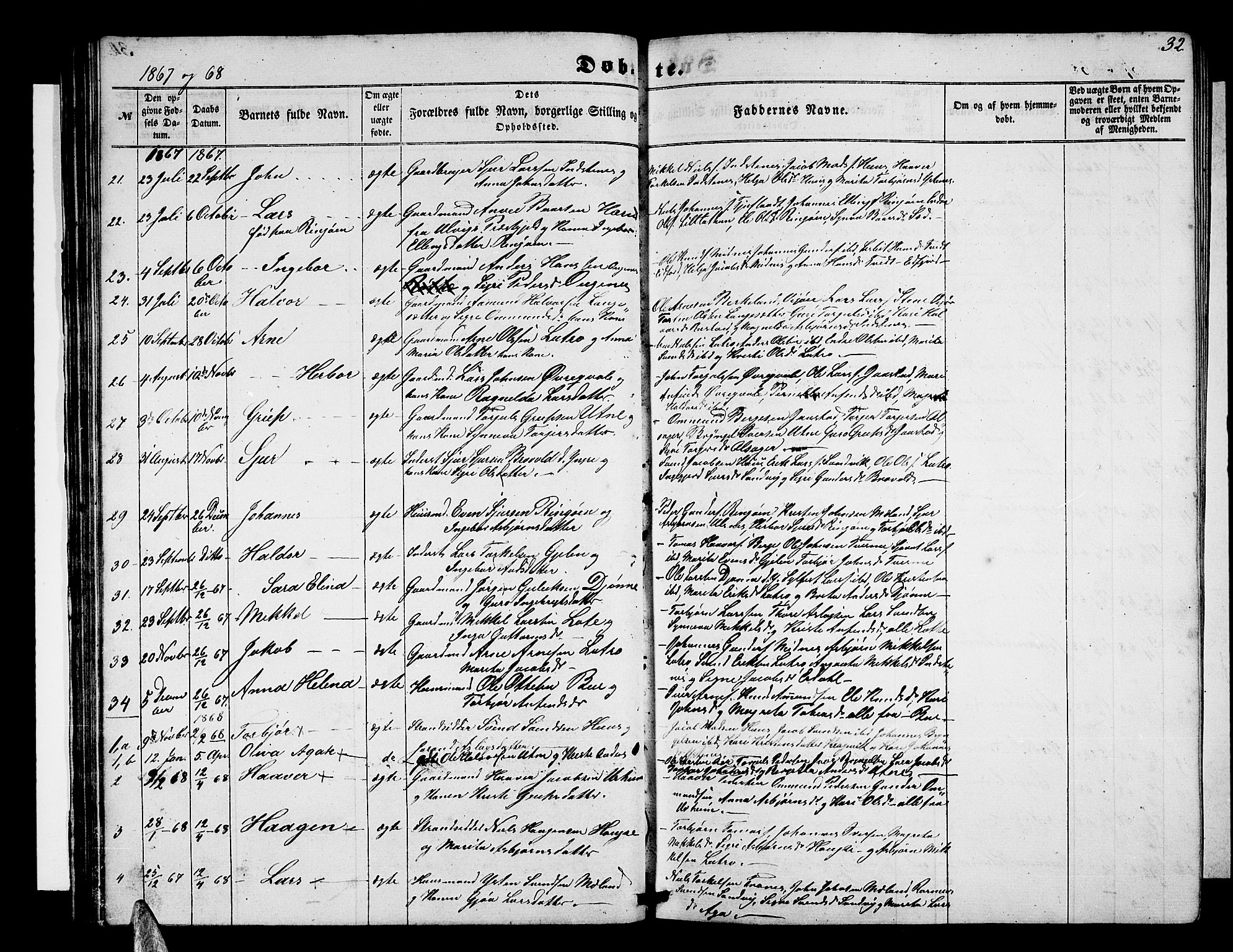 Ullensvang sokneprestembete, SAB/A-78701/H/Hab: Parish register (copy) no. E 6, 1857-1886, p. 32