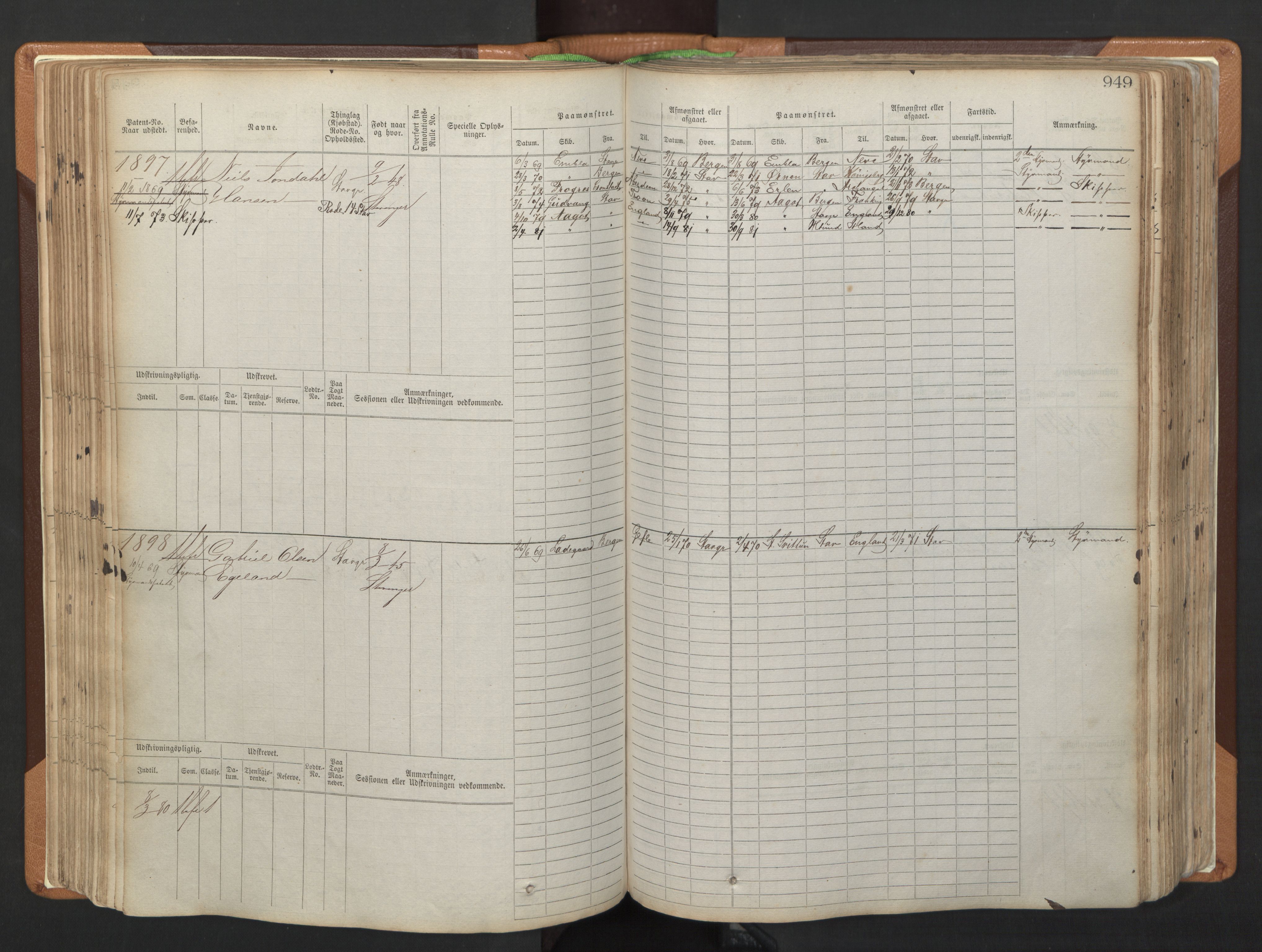 Stavanger sjømannskontor, AV/SAST-A-102006/F/Fb/Fbb/L0006: Sjøfartshovedrulle, patentnr. 1607-2402 (del 3), 1869-1880, p. 149