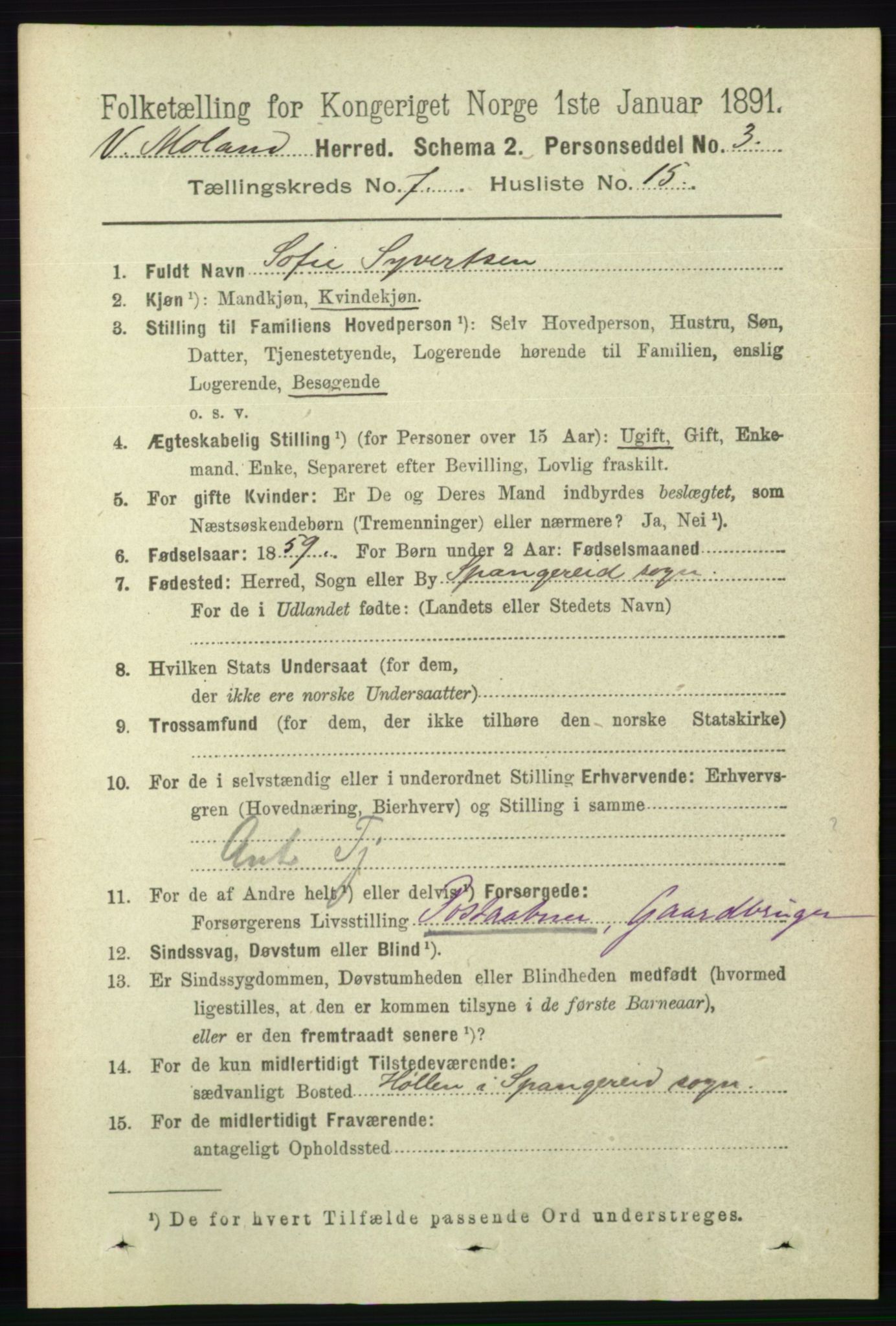 RA, 1891 census for 0926 Vestre Moland, 1891, p. 2863