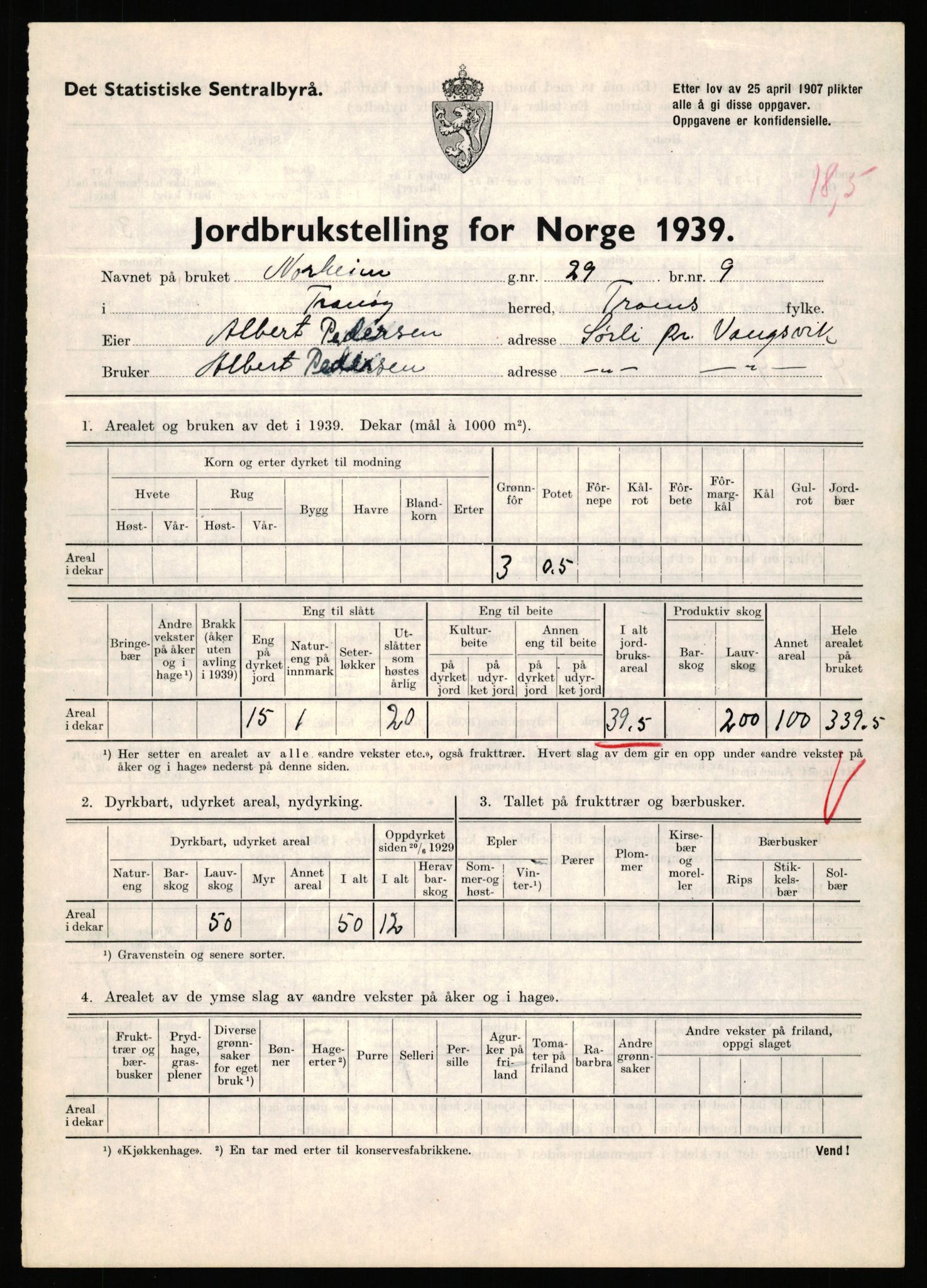 Statistisk sentralbyrå, Næringsøkonomiske emner, Jordbruk, skogbruk, jakt, fiske og fangst, AV/RA-S-2234/G/Gb/L0341: Troms: Sørreisa og Tranøy, 1939, p. 1405