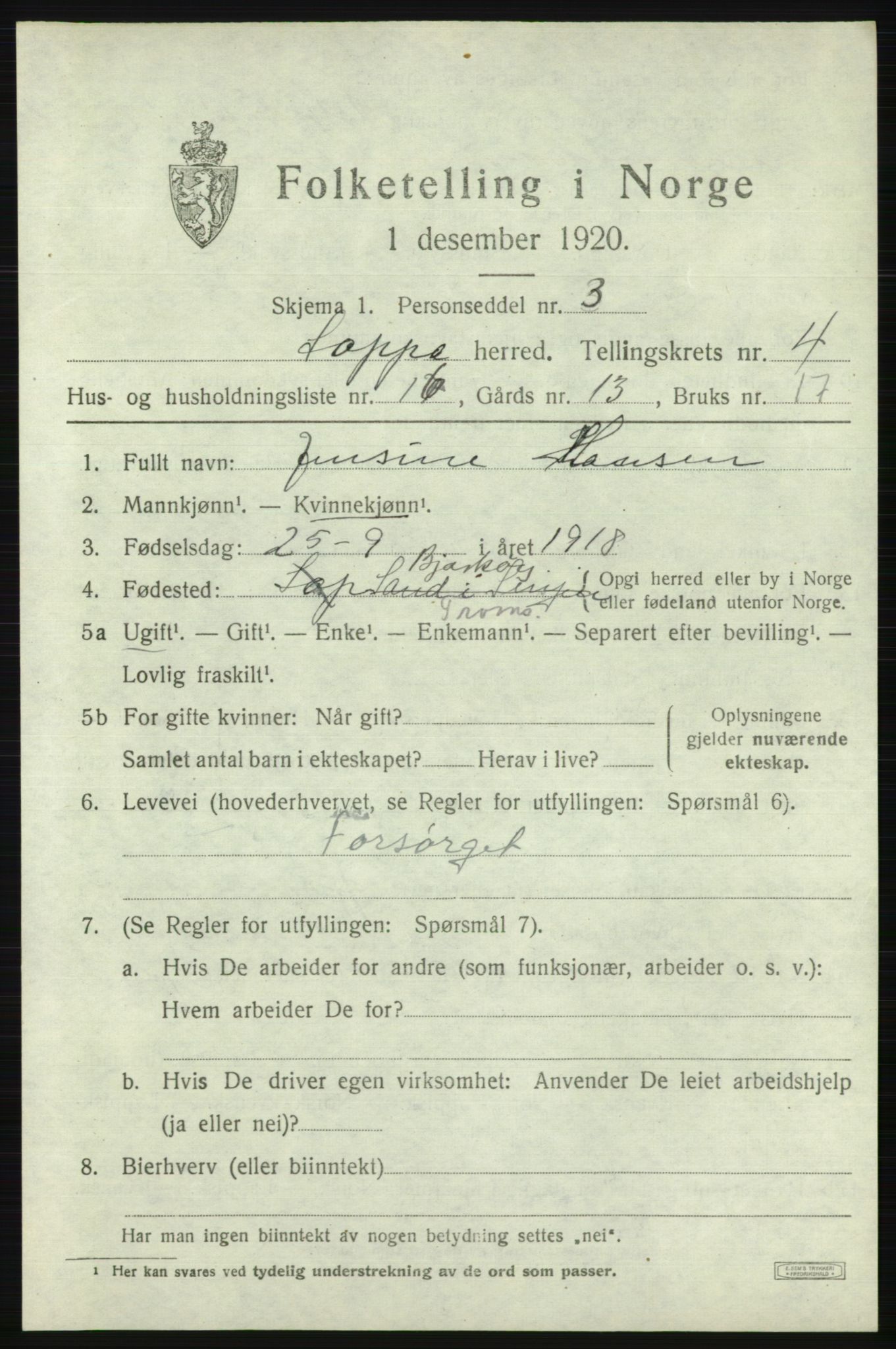 SATØ, 1920 census for Loppa, 1920, p. 1486