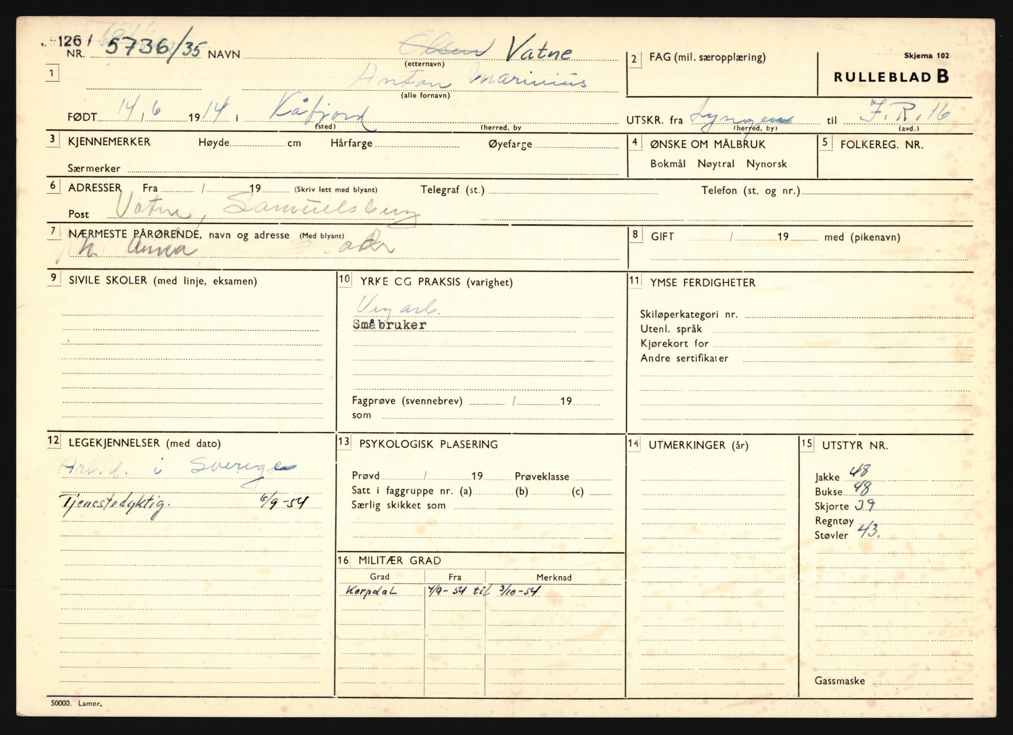 Forsvaret, Troms infanteriregiment nr. 16, AV/RA-RAFA-3146/P/Pa/L0019: Rulleblad for regimentets menige mannskaper, årsklasse 1935, 1935, p. 1241