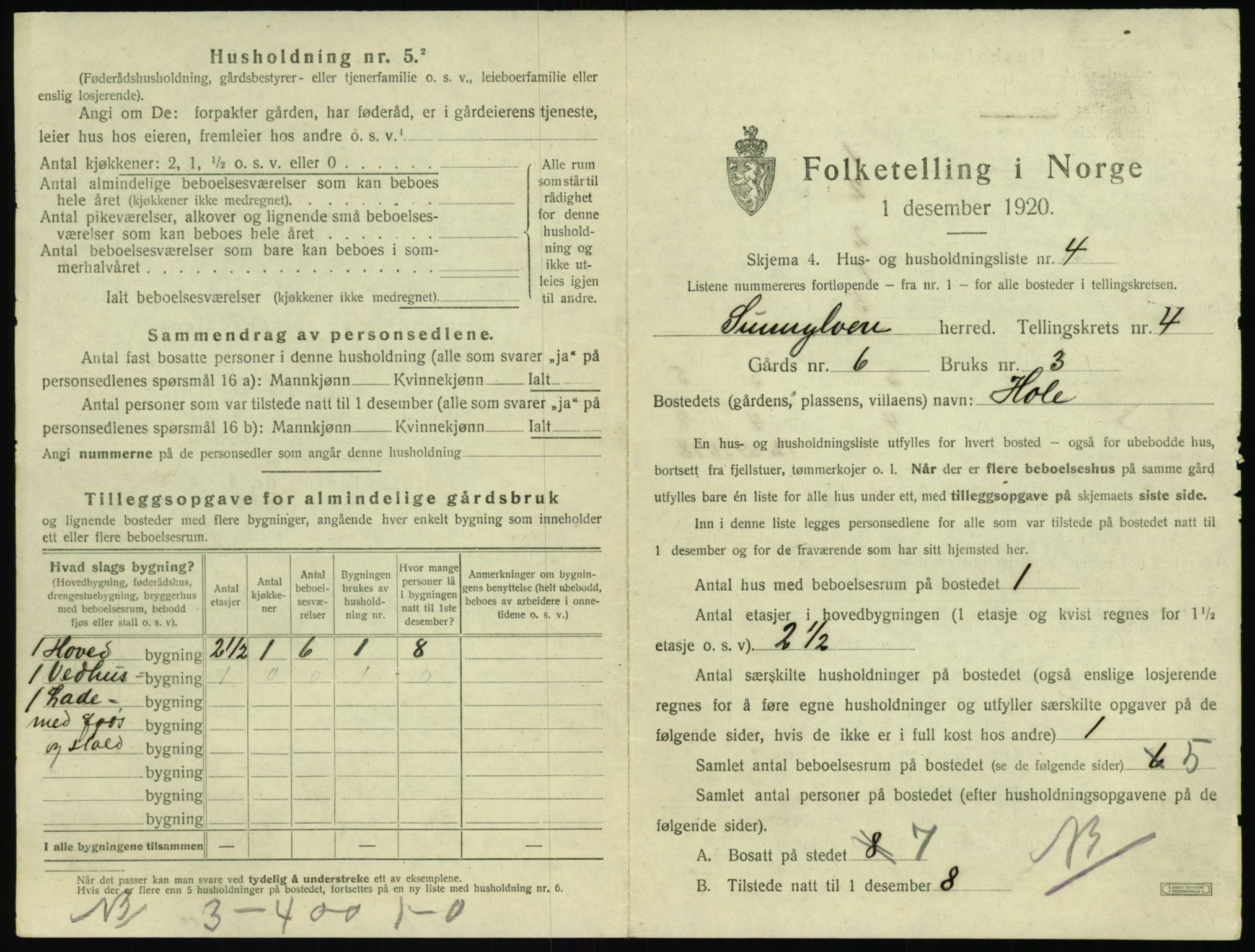 SAT, 1920 census for Sunnylven, 1920, p. 262