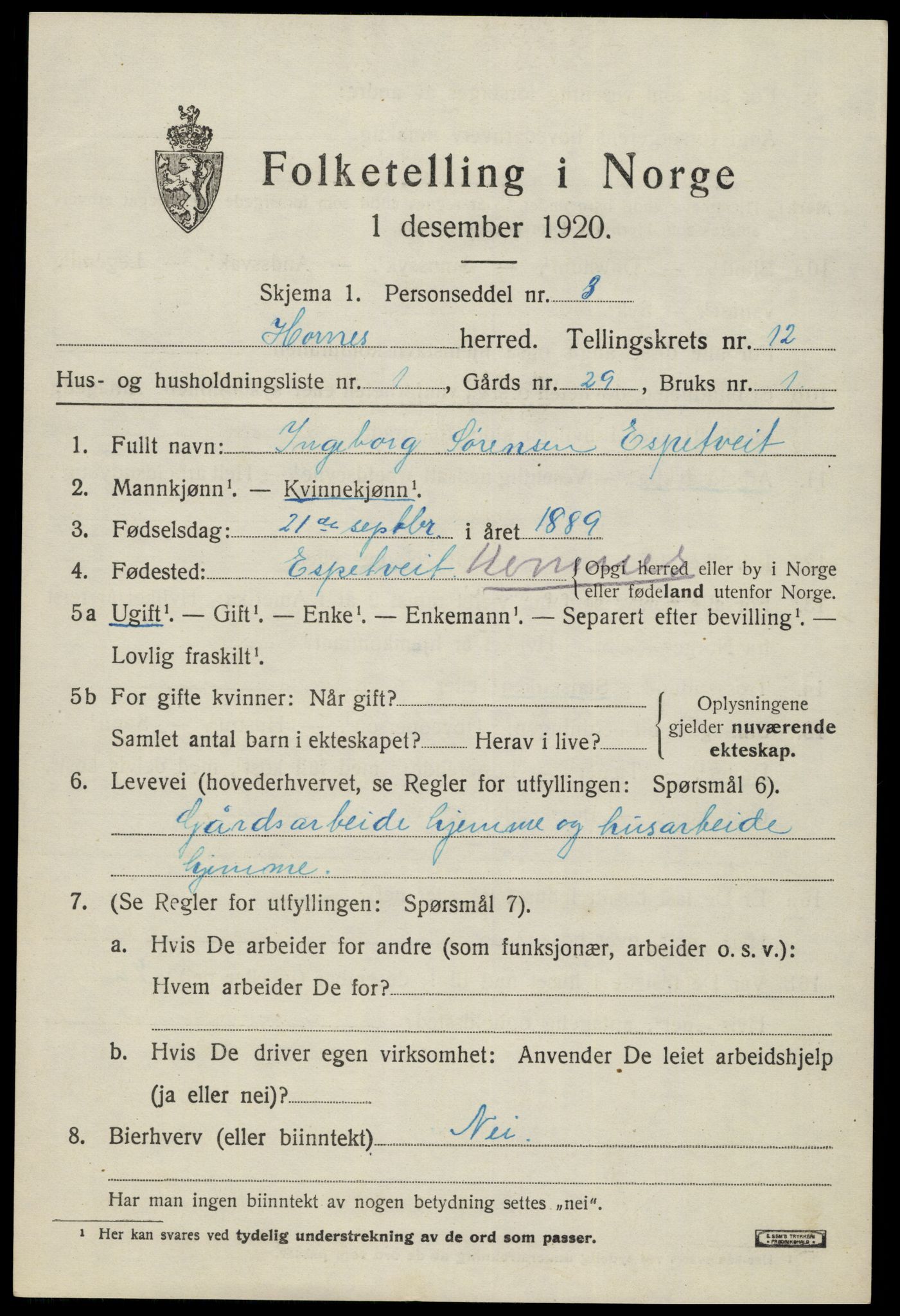 SAK, 1920 census for Hornnes, 1920, p. 2881