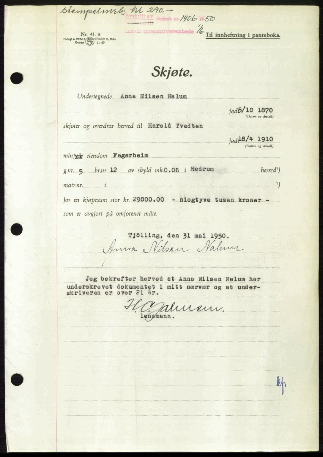 Larvik sorenskriveri, AV/SAKO-A-83/G/Ga/Gab/L0092: Mortgage book no. A-26, 1950-1950, Diary no: : 1406/1950