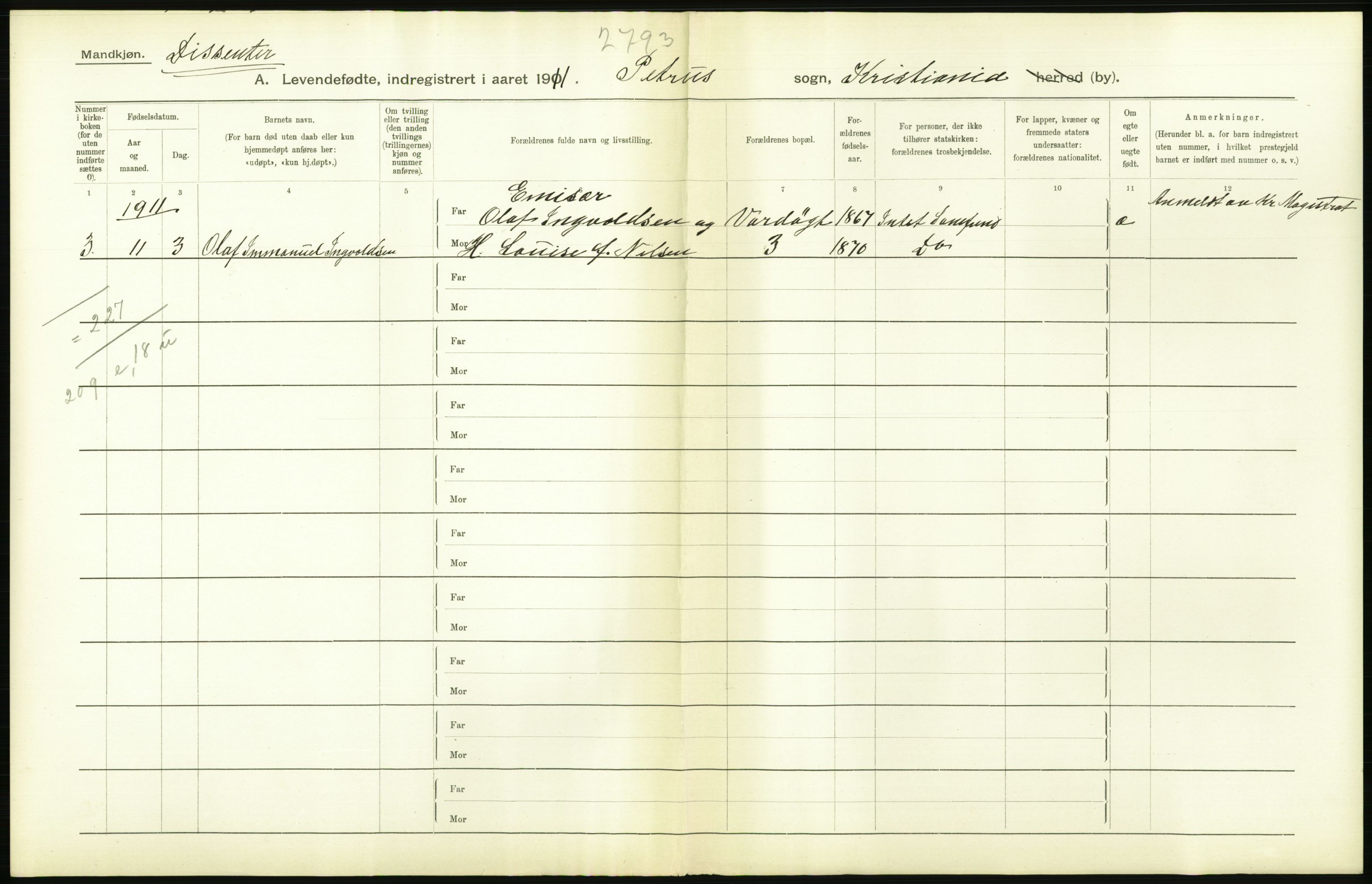 Statistisk sentralbyrå, Sosiodemografiske emner, Befolkning, AV/RA-S-2228/D/Df/Dfb/Dfba/L0006: Kristiania: Levendefødte menn., 1911, p. 762