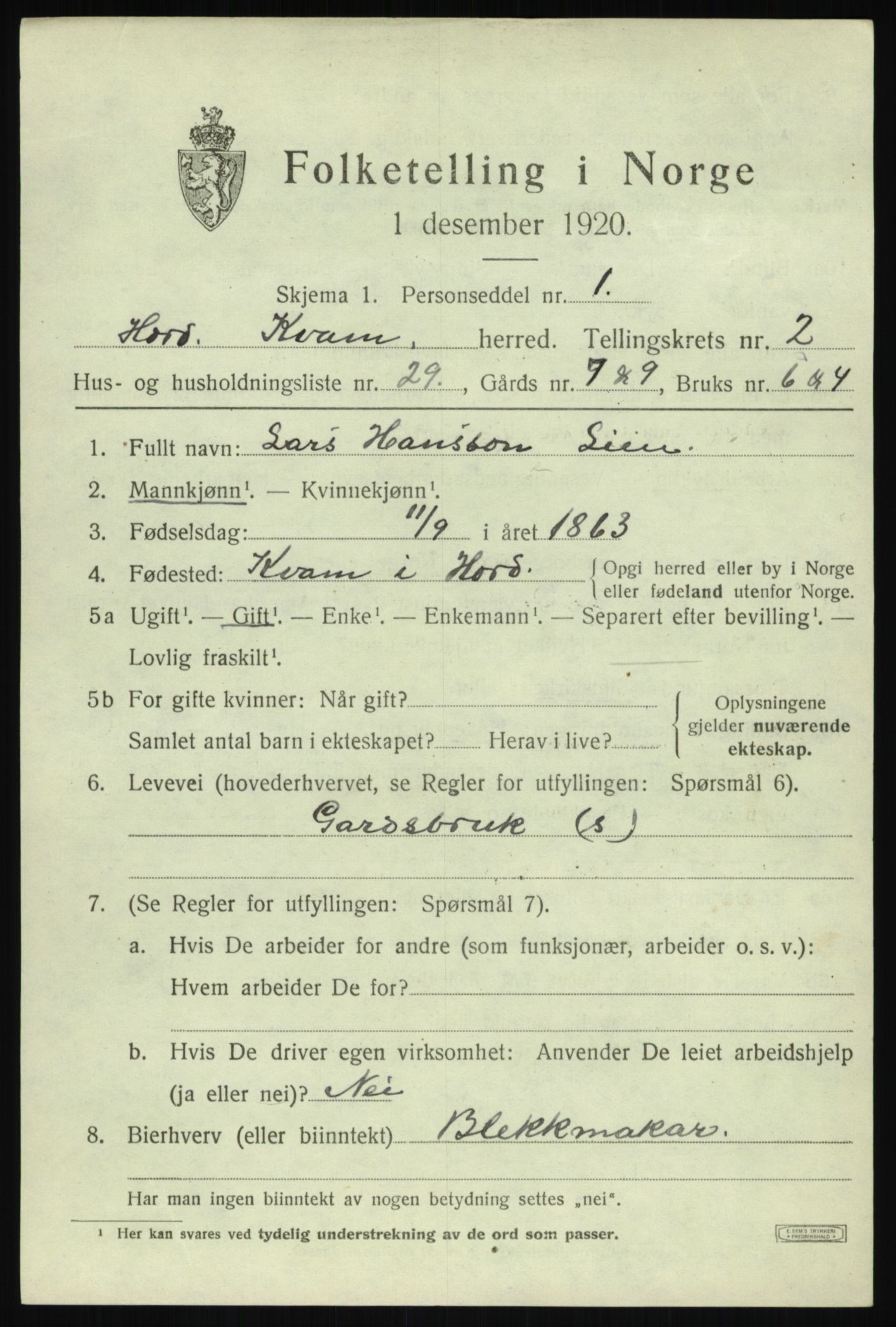 SAB, 1920 census for Kvam, 1920, p. 2505