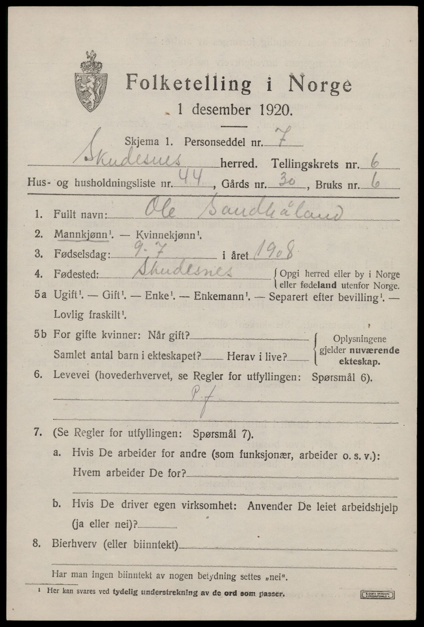 SAST, 1920 census for Skudenes, 1920, p. 5516