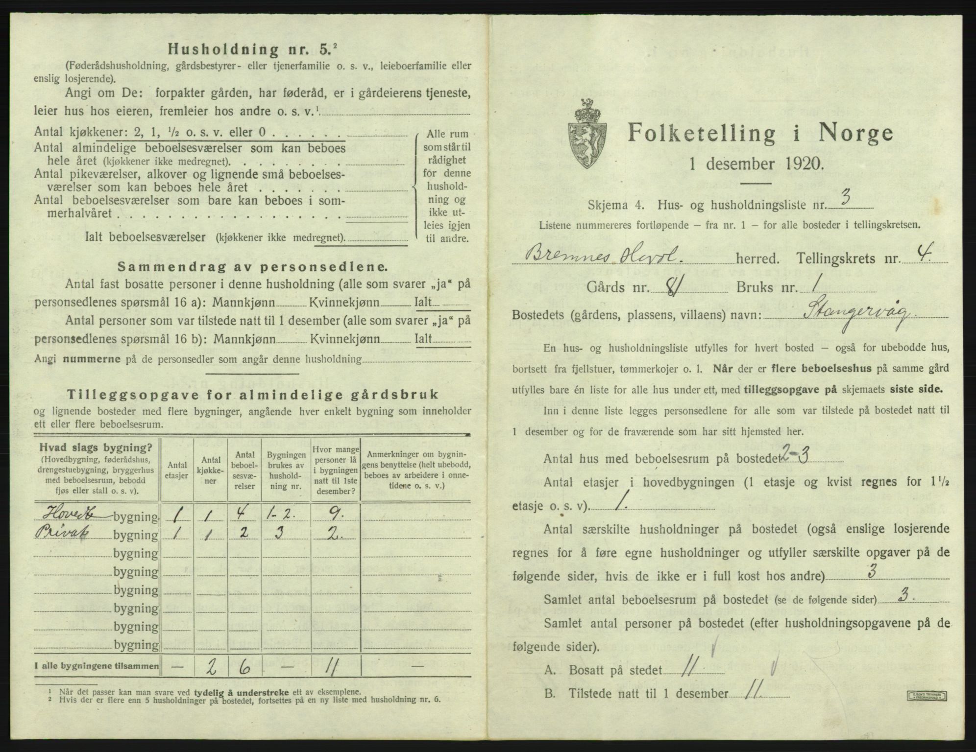 SAB, 1920 census for Bremnes, 1920, p. 162