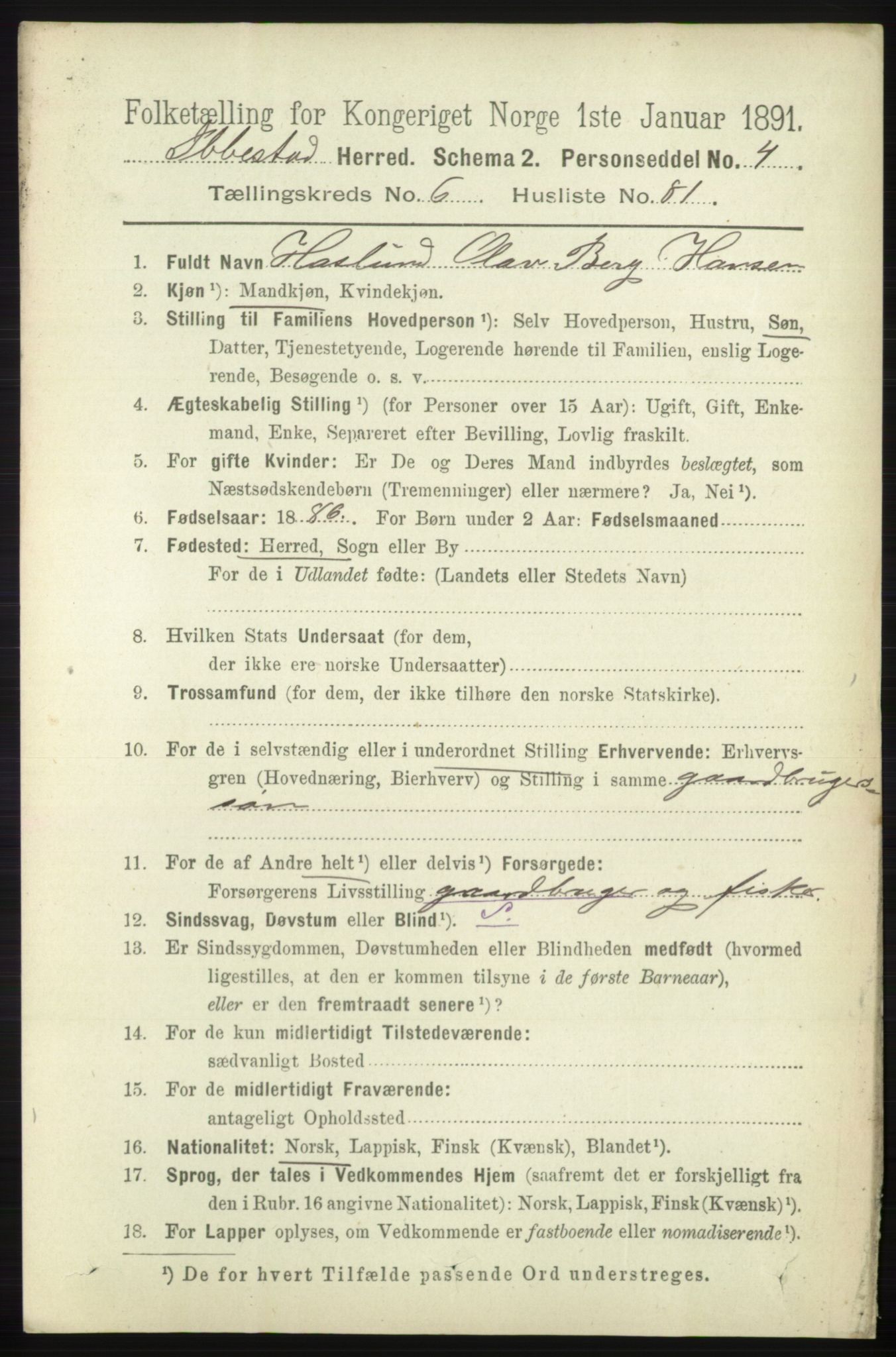 RA, 1891 census for 1917 Ibestad, 1891, p. 4037