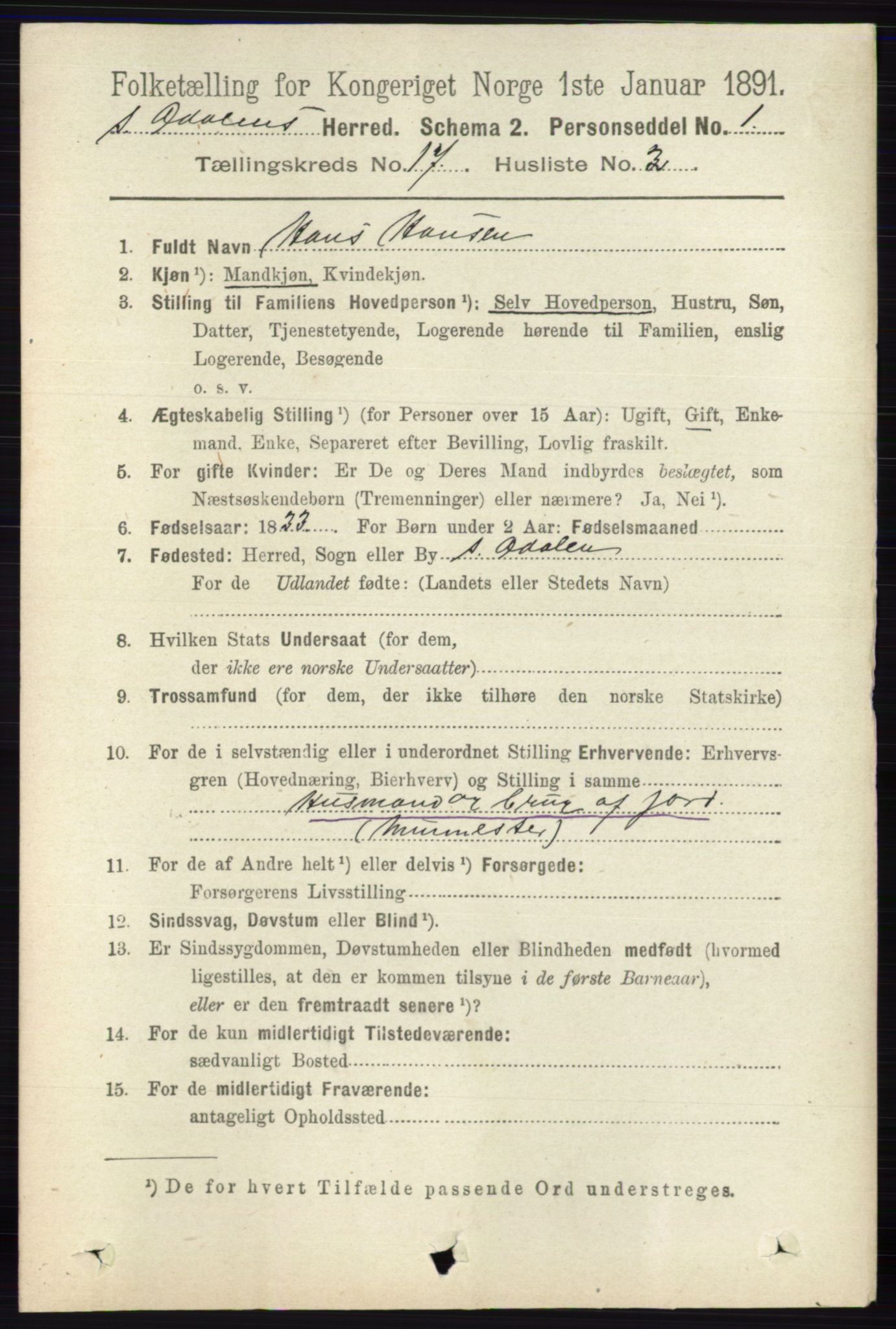 RA, 1891 census for 0419 Sør-Odal, 1891, p. 7855