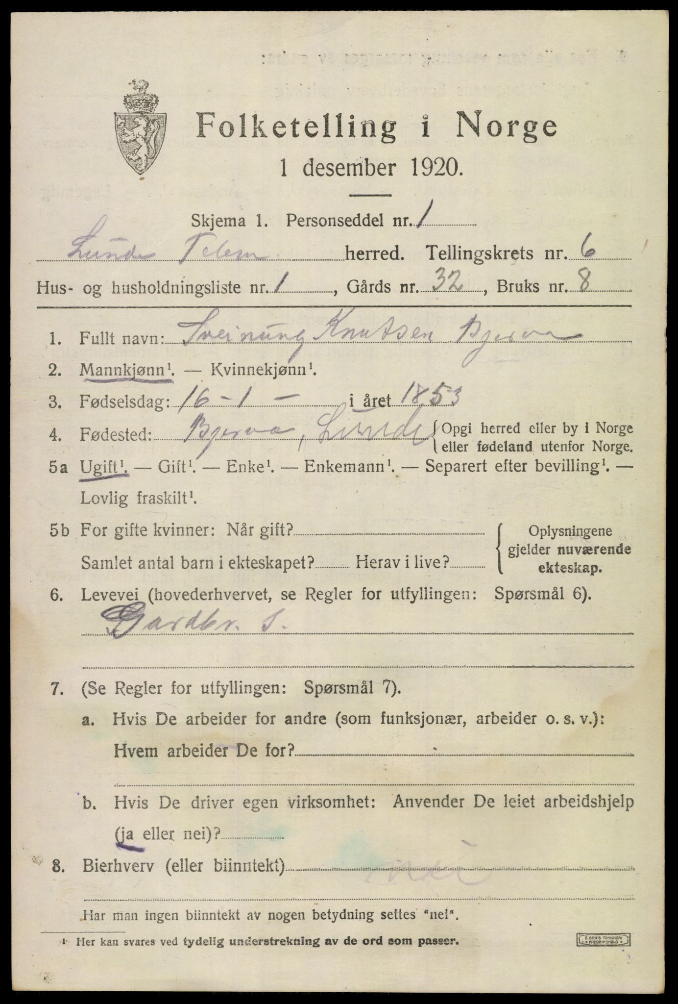 SAKO, 1920 census for Lunde, 1920, p. 4199