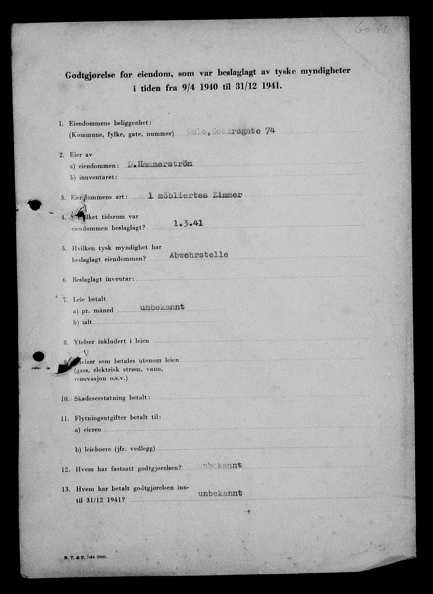 Justisdepartementet, Tilbakeføringskontoret for inndratte formuer, AV/RA-S-1564/I/L1011: Godtgjørelse for beslaglagt eiendom, 1940-1941, p. 3