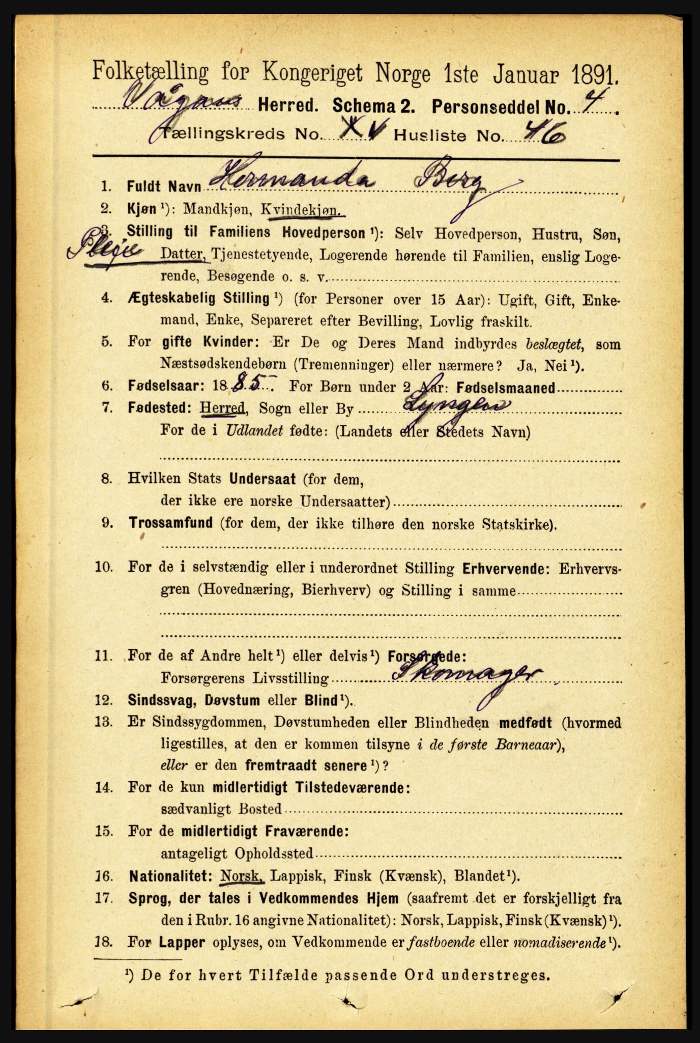 RA, 1891 census for 1865 Vågan, 1891, p. 4482