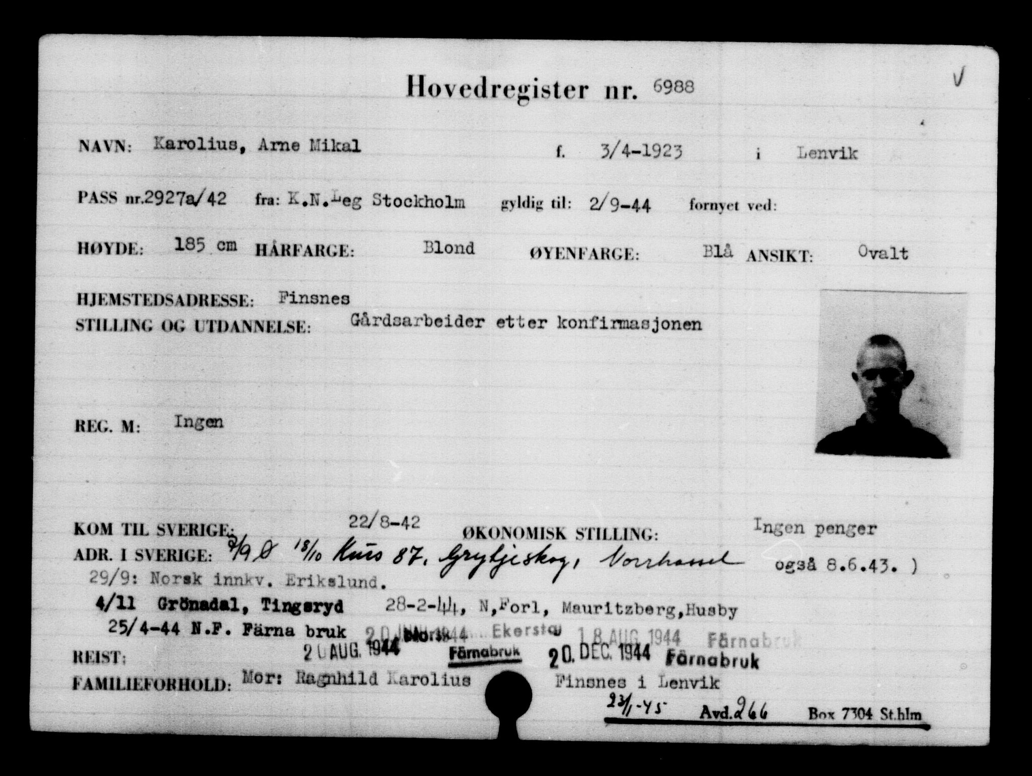 Utenriksstasjonene, Legasjonen i Stockholm, Flyktningkontoret, AV/RA-S-6753/V/Va/L0005: Kjesäterkartoteket, flyktninger med registreringsnr. 6600-9417, 1940-1945, p. 468
