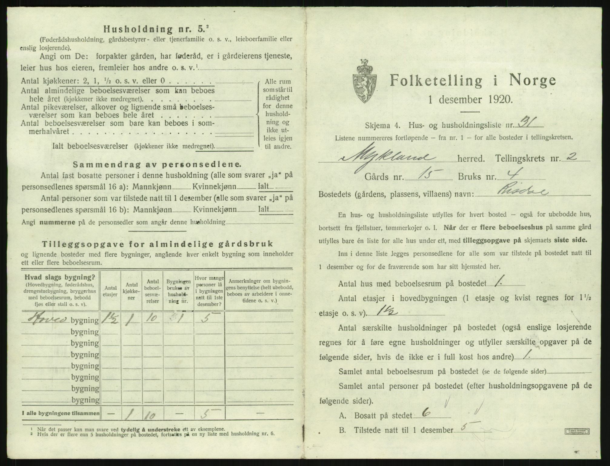 SAK, 1920 census for Mykland, 1920, p. 154