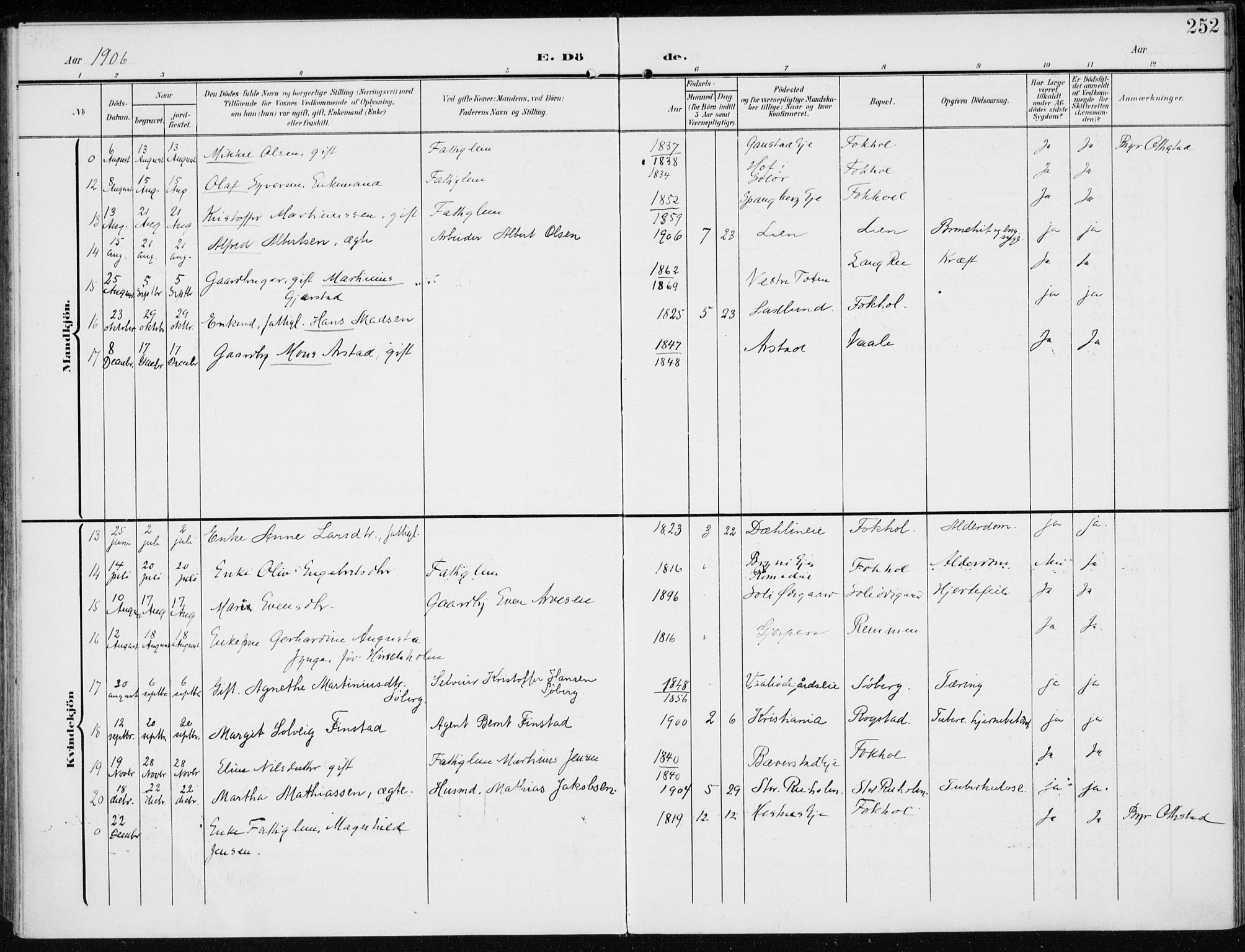 Stange prestekontor, AV/SAH-PREST-002/K/L0024: Parish register (official) no. 24, 1906-1922, p. 252