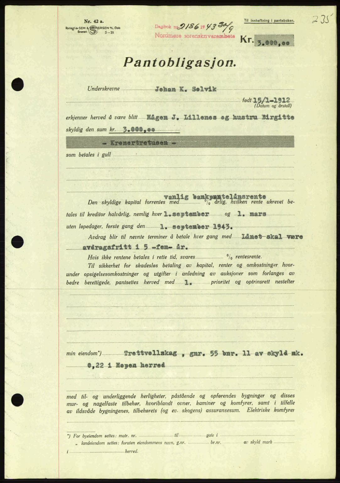 Nordmøre sorenskriveri, AV/SAT-A-4132/1/2/2Ca: Mortgage book no. B91, 1943-1944, Diary no: : 2186/1943