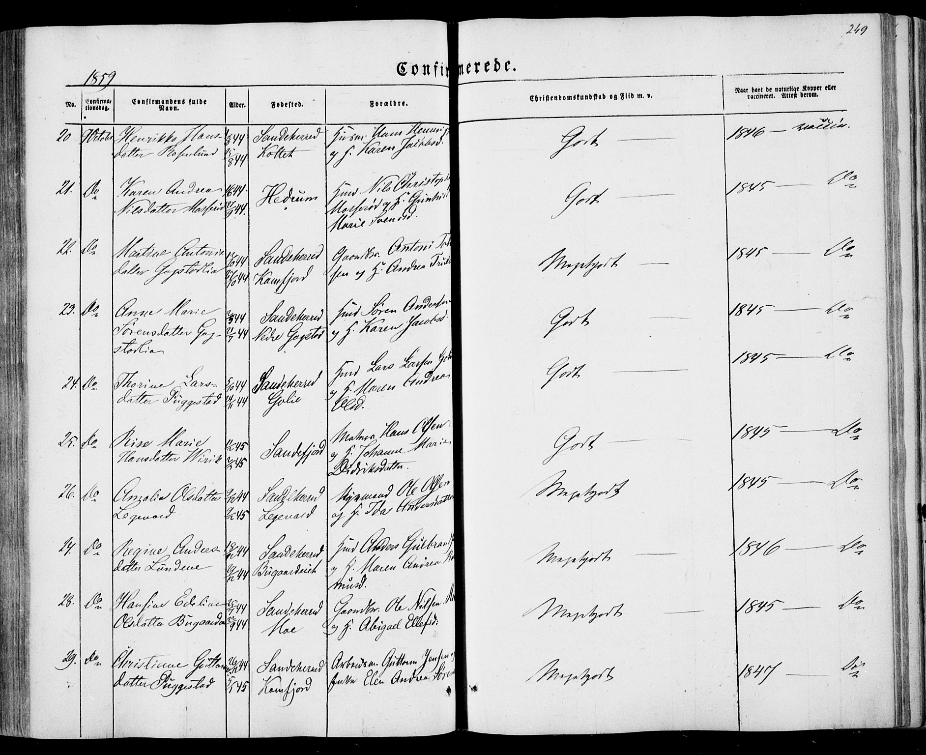 Sandar kirkebøker, SAKO/A-243/F/Fa/L0007: Parish register (official) no. 7, 1855-1861, p. 249