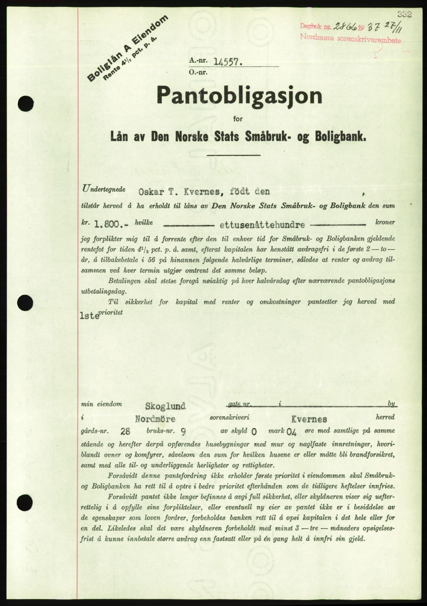 Nordmøre sorenskriveri, AV/SAT-A-4132/1/2/2Ca/L0092: Mortgage book no. B82, 1937-1938, Diary no: : 2866/1937