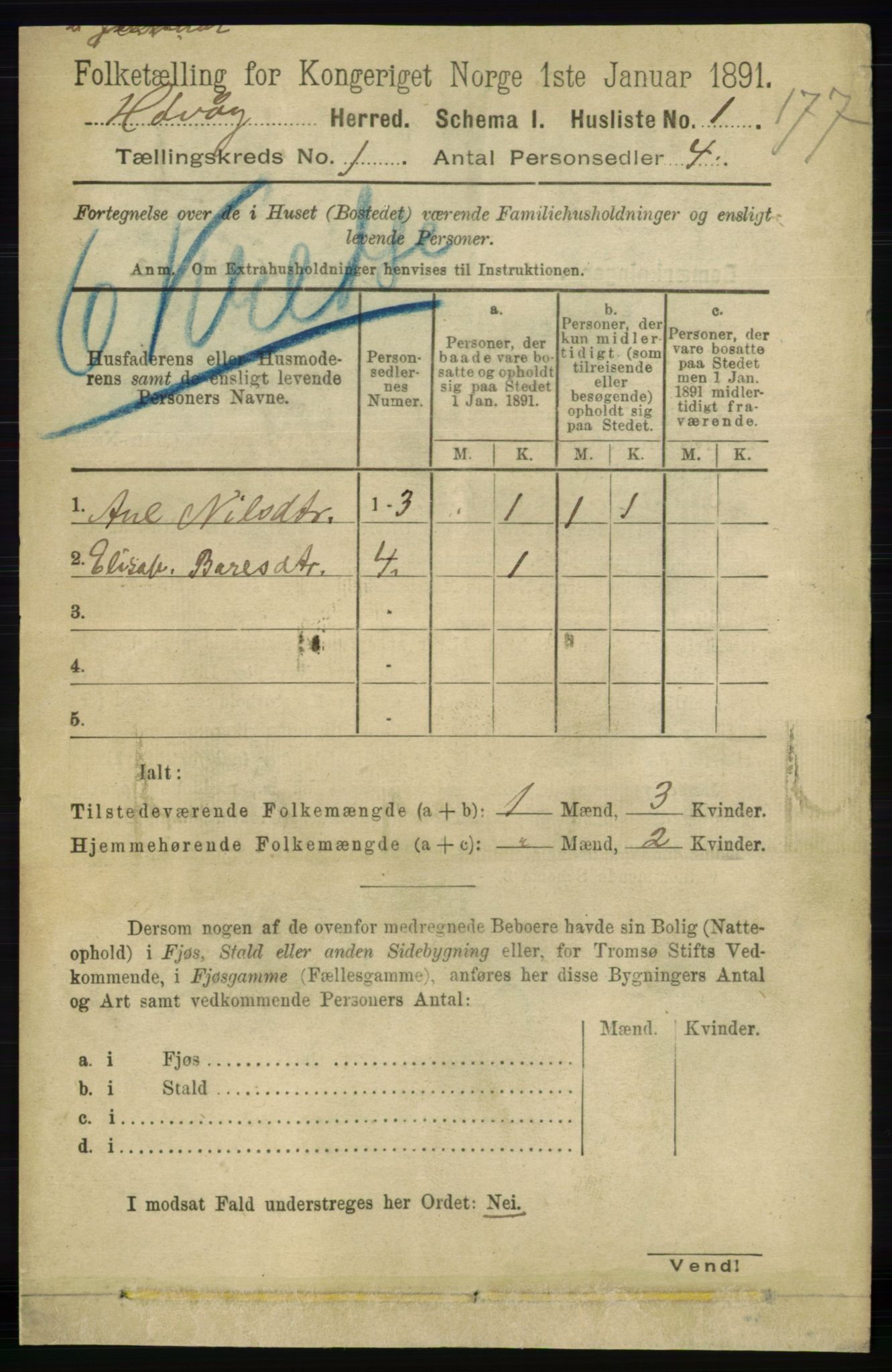 RA, 1891 census for 0927 Høvåg, 1891, p. 19
