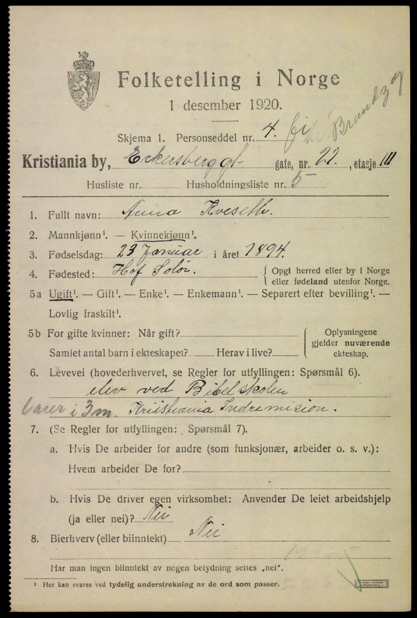 SAO, 1920 census for Kristiania, 1920, p. 208271