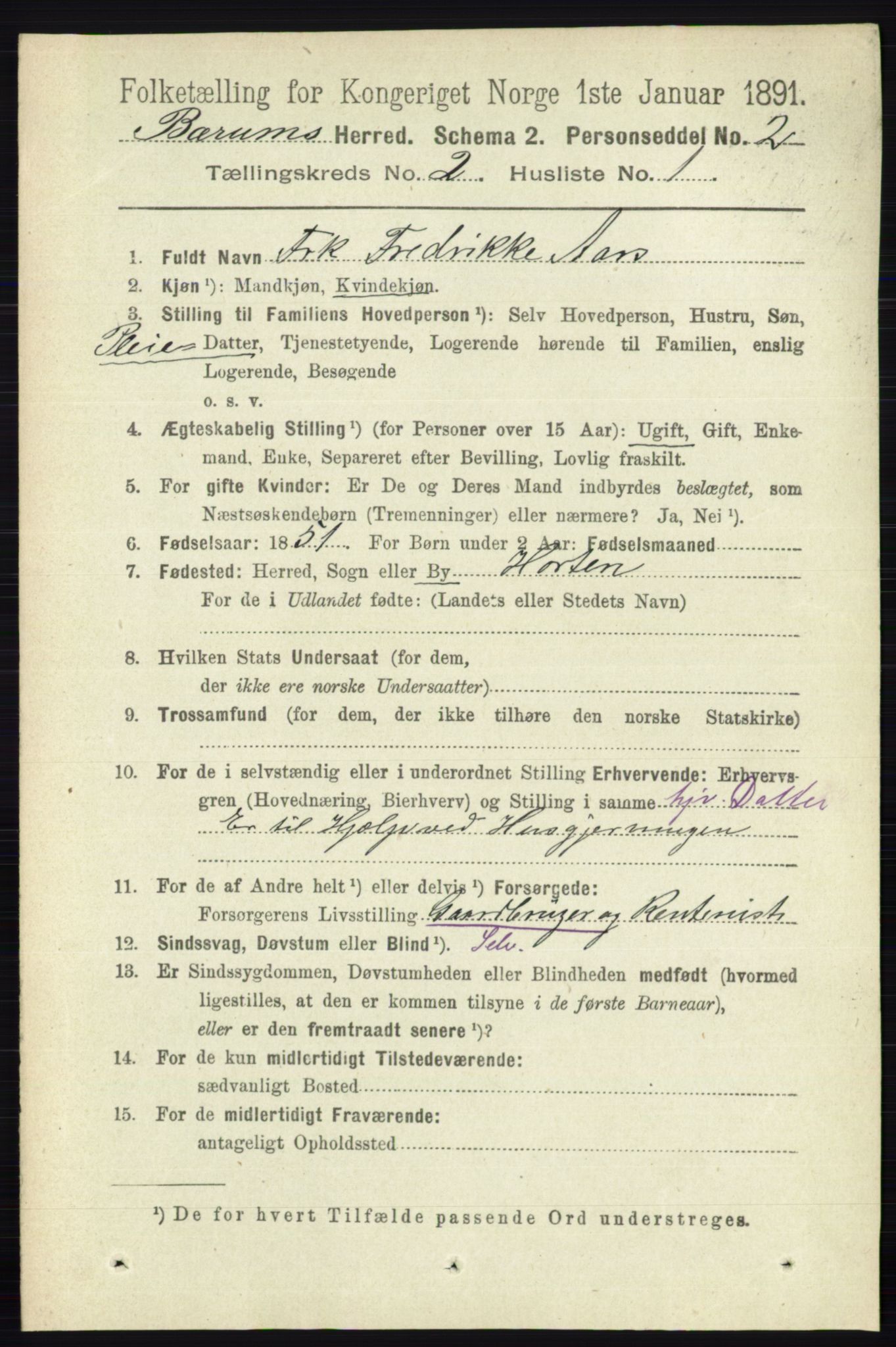 RA, 1891 census for 0219 Bærum, 1891, p. 1074