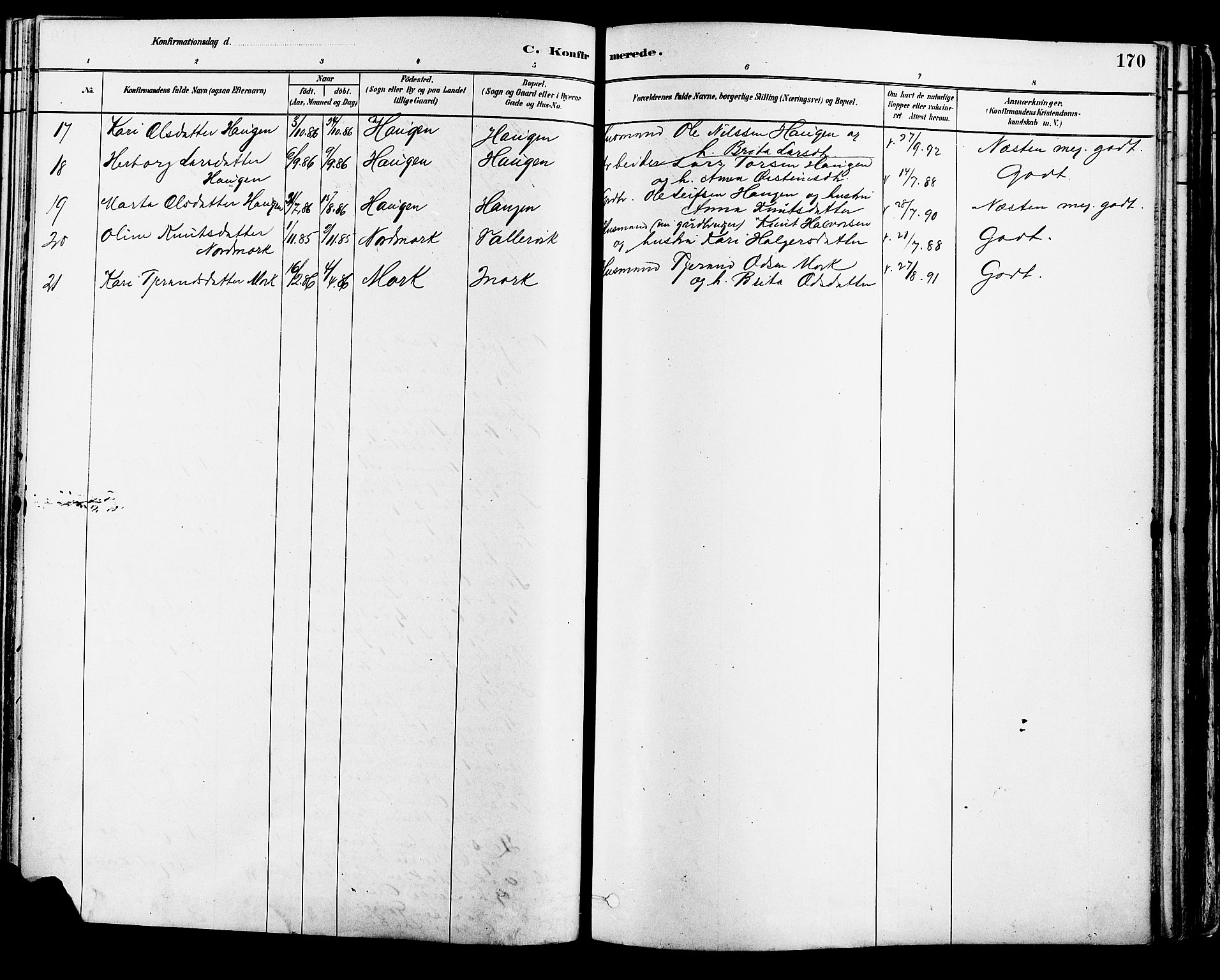 Suldal sokneprestkontor, AV/SAST-A-101845/01/IV/L0011: Parish register (official) no. A 11, 1878-1900, p. 170