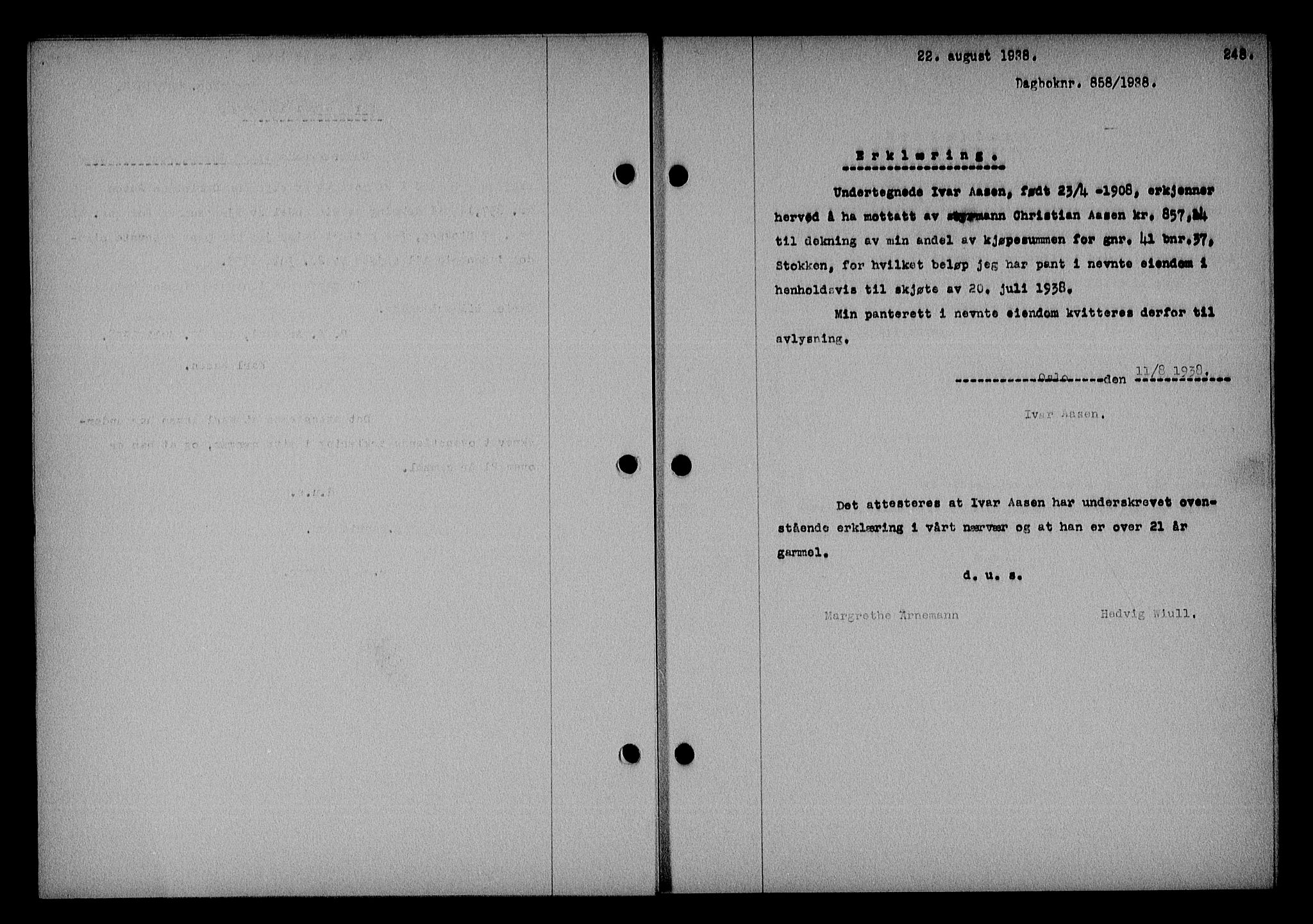 Nedenes sorenskriveri, SAK/1221-0006/G/Gb/Gba/L0045: Mortgage book no. 41, 1938-1938, Diary no: : 858/1938