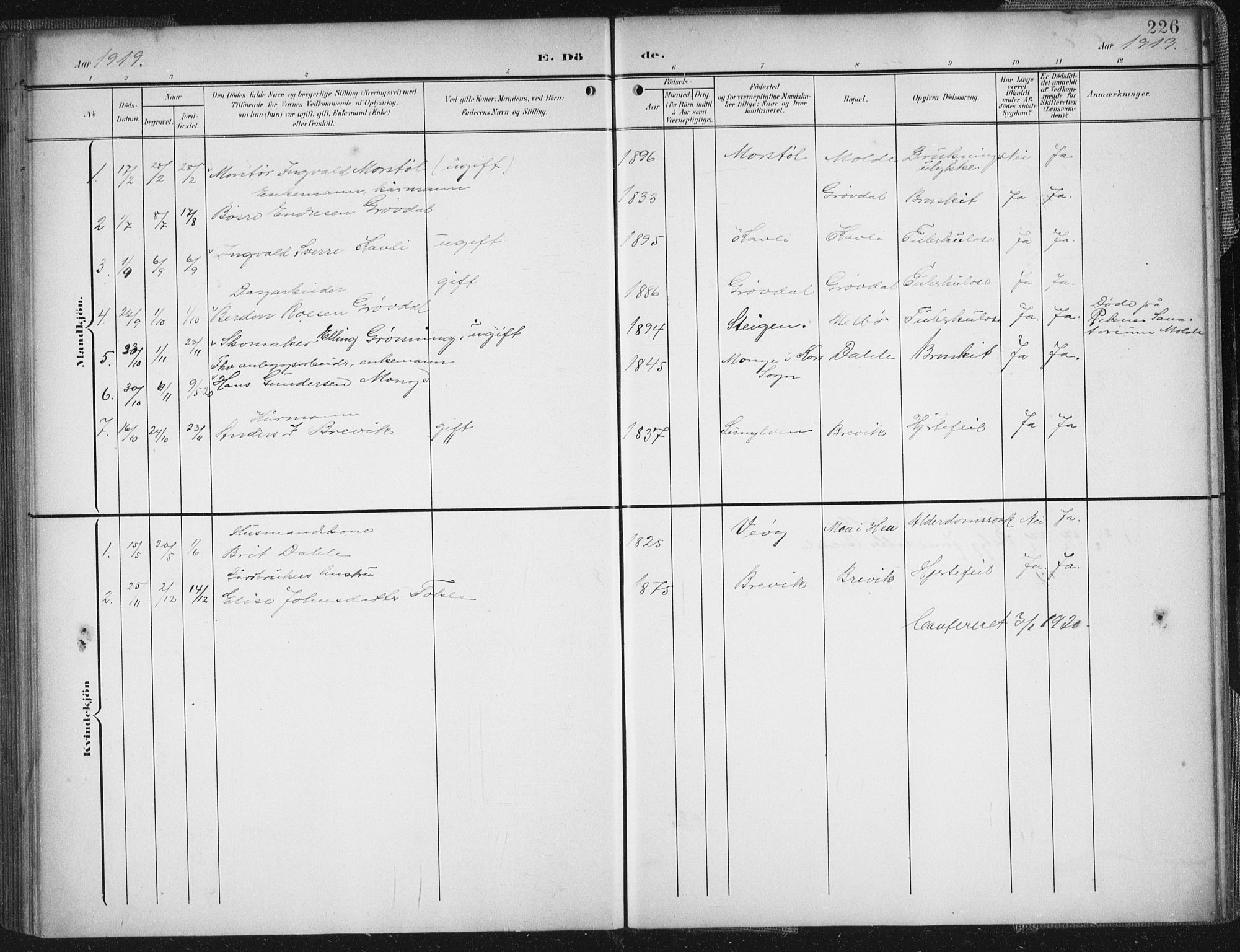 Ministerialprotokoller, klokkerbøker og fødselsregistre - Møre og Romsdal, SAT/A-1454/545/L0589: Parish register (copy) no. 545C03, 1902-1937, p. 226