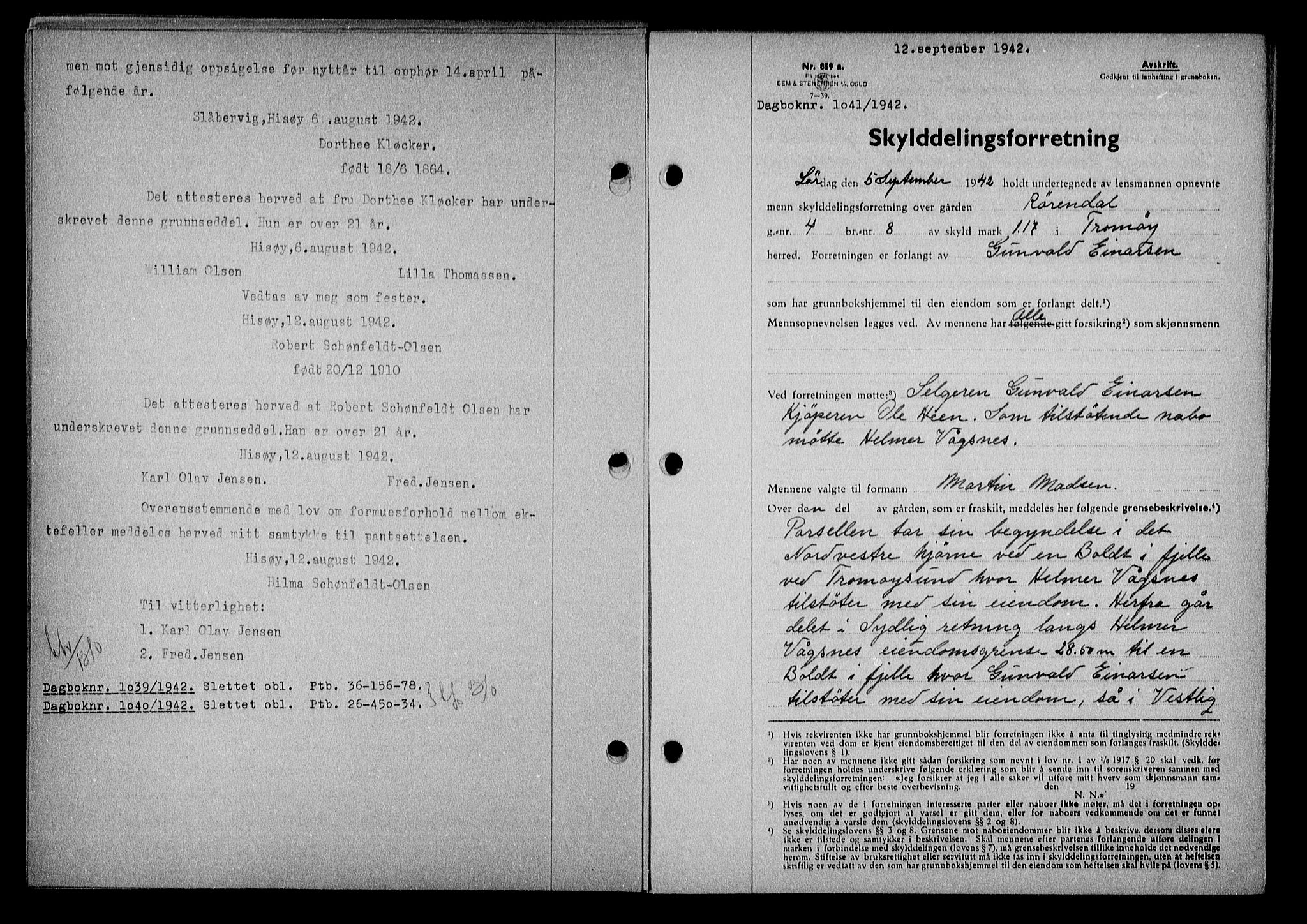 Nedenes sorenskriveri, SAK/1221-0006/G/Gb/Gba/L0049: Mortgage book no. A-III, 1941-1942, Diary no: : 1041/1942