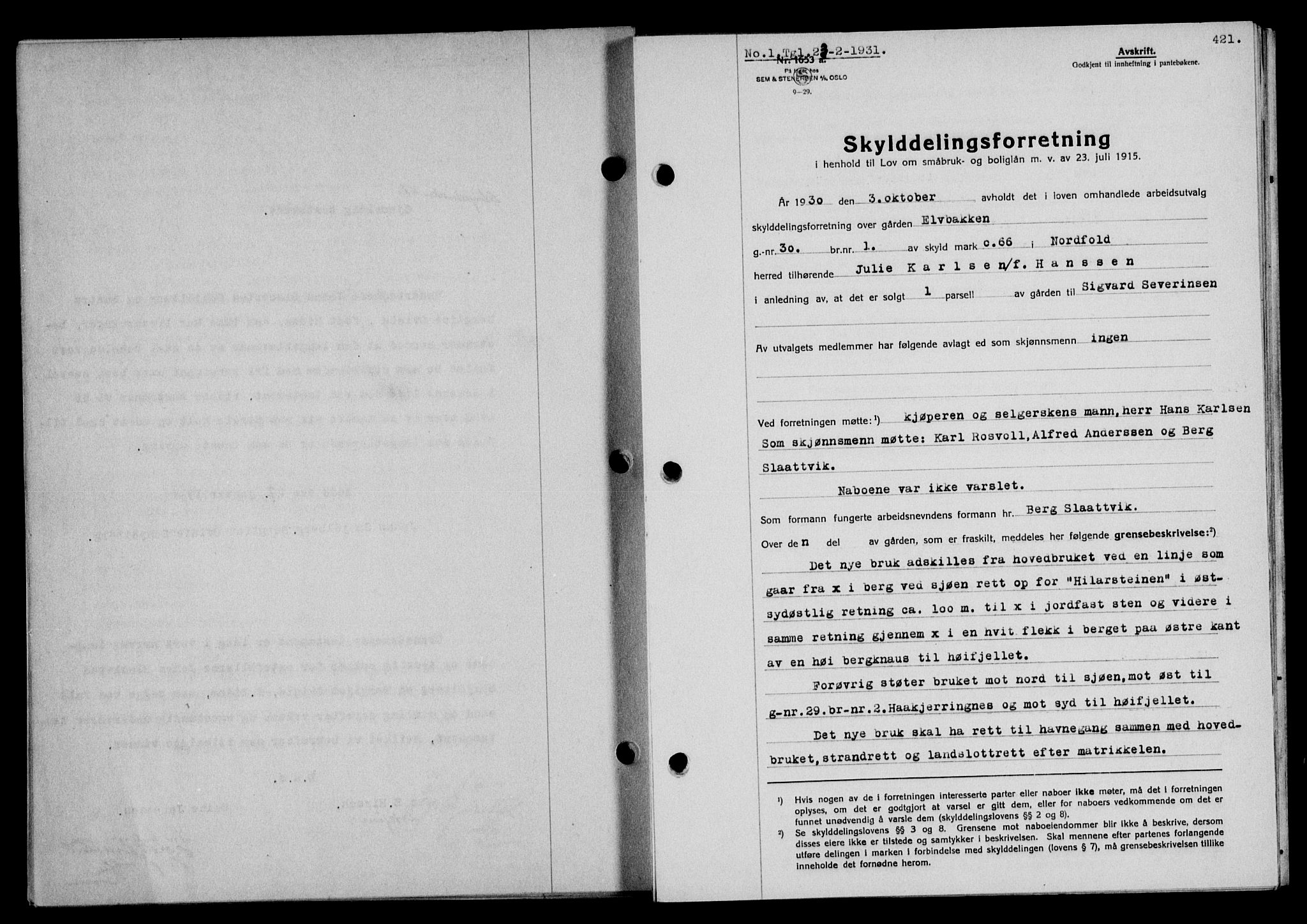 Salten sorenskriveri, AV/SAT-A-4578/1/2/2C/L0059: Mortgage book no. 49, 1930-1931, Deed date: 23.02.1931