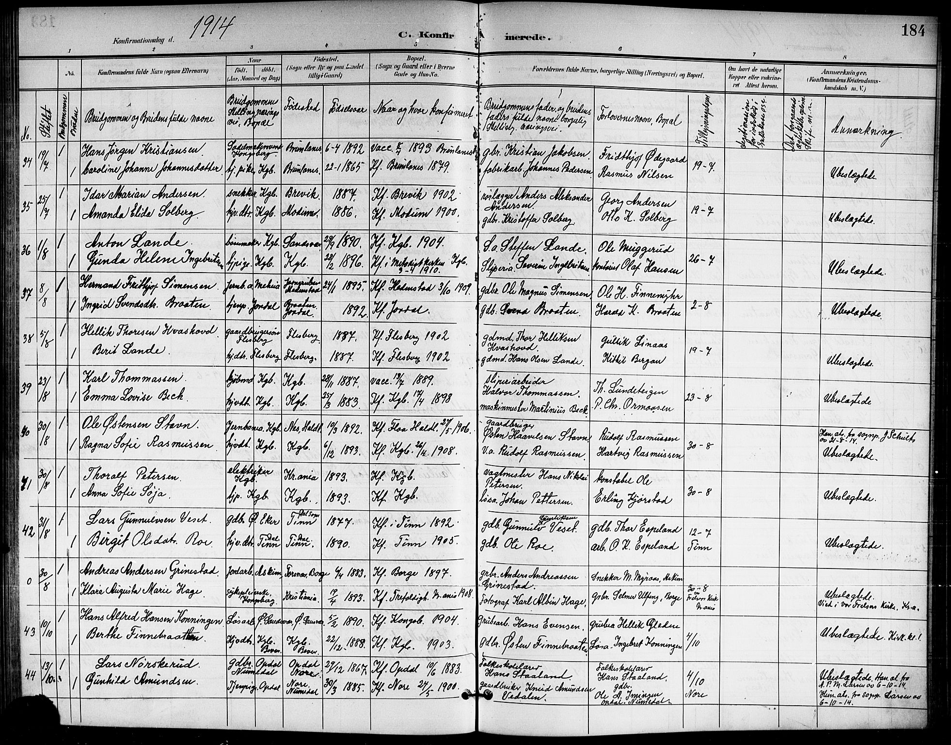 Kongsberg kirkebøker, AV/SAKO-A-22/G/Ga/L0007: Parish register (copy) no. 7, 1901-1915, p. 184