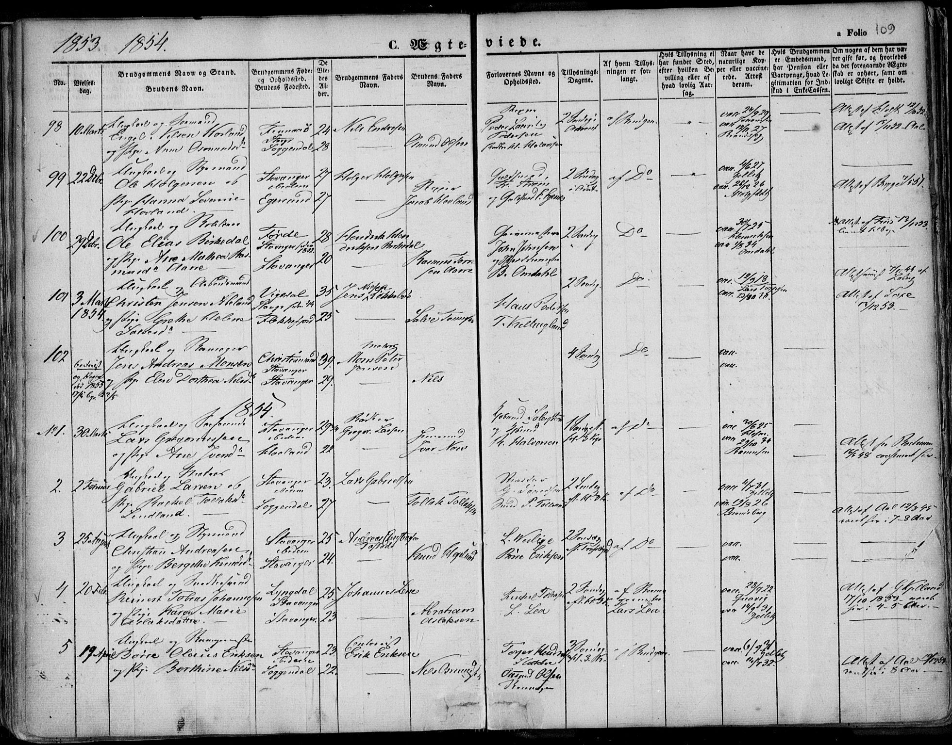 Domkirken sokneprestkontor, SAST/A-101812/001/30/30BA/L0015: Parish register (official) no. A 14, 1842-1857, p. 109
