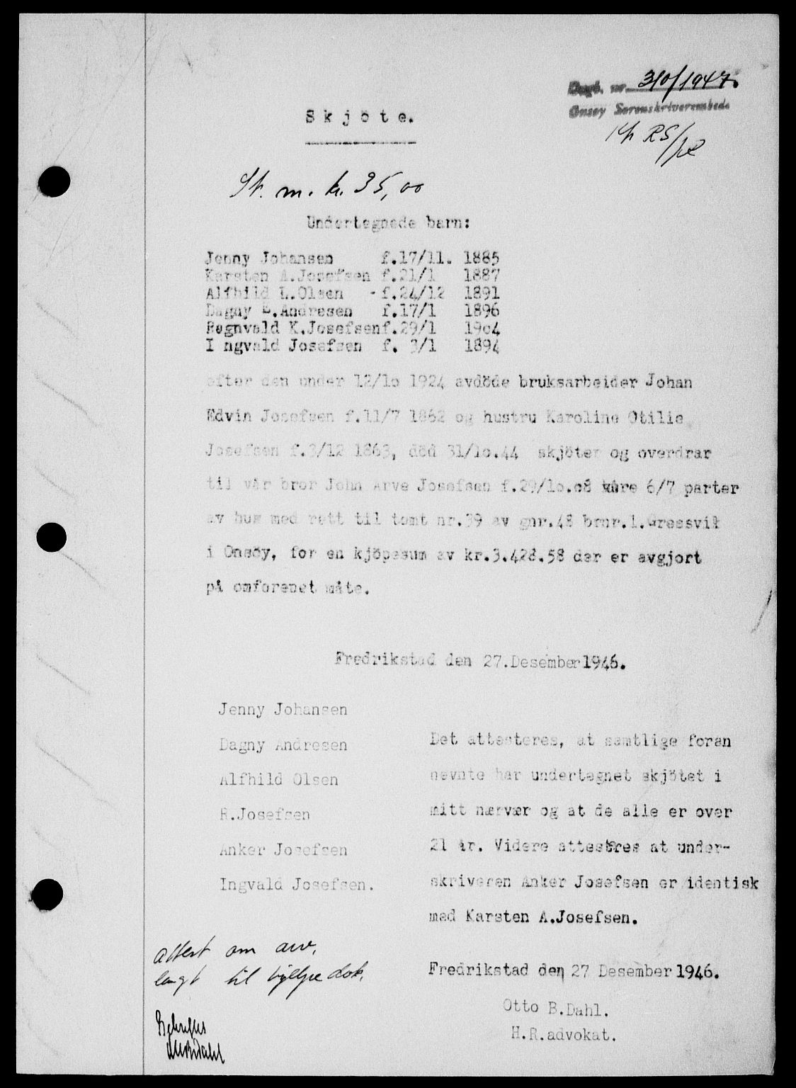 Onsøy sorenskriveri, SAO/A-10474/G/Ga/Gab/L0018: Mortgage book no. II A-18, 1946-1947, Diary no: : 310/1947