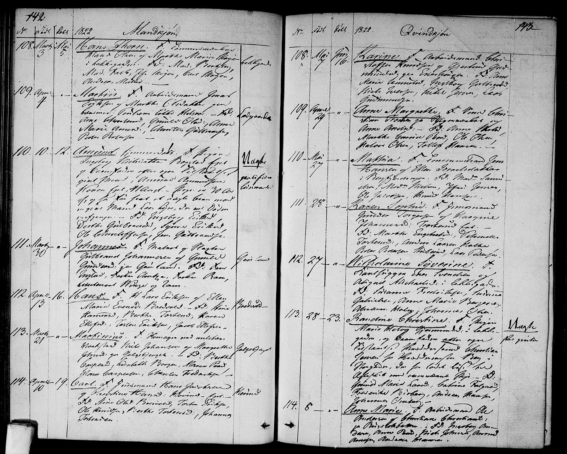 Aker prestekontor kirkebøker, SAO/A-10861/F/L0012: Parish register (official) no. 12, 1819-1828, p. 142-143