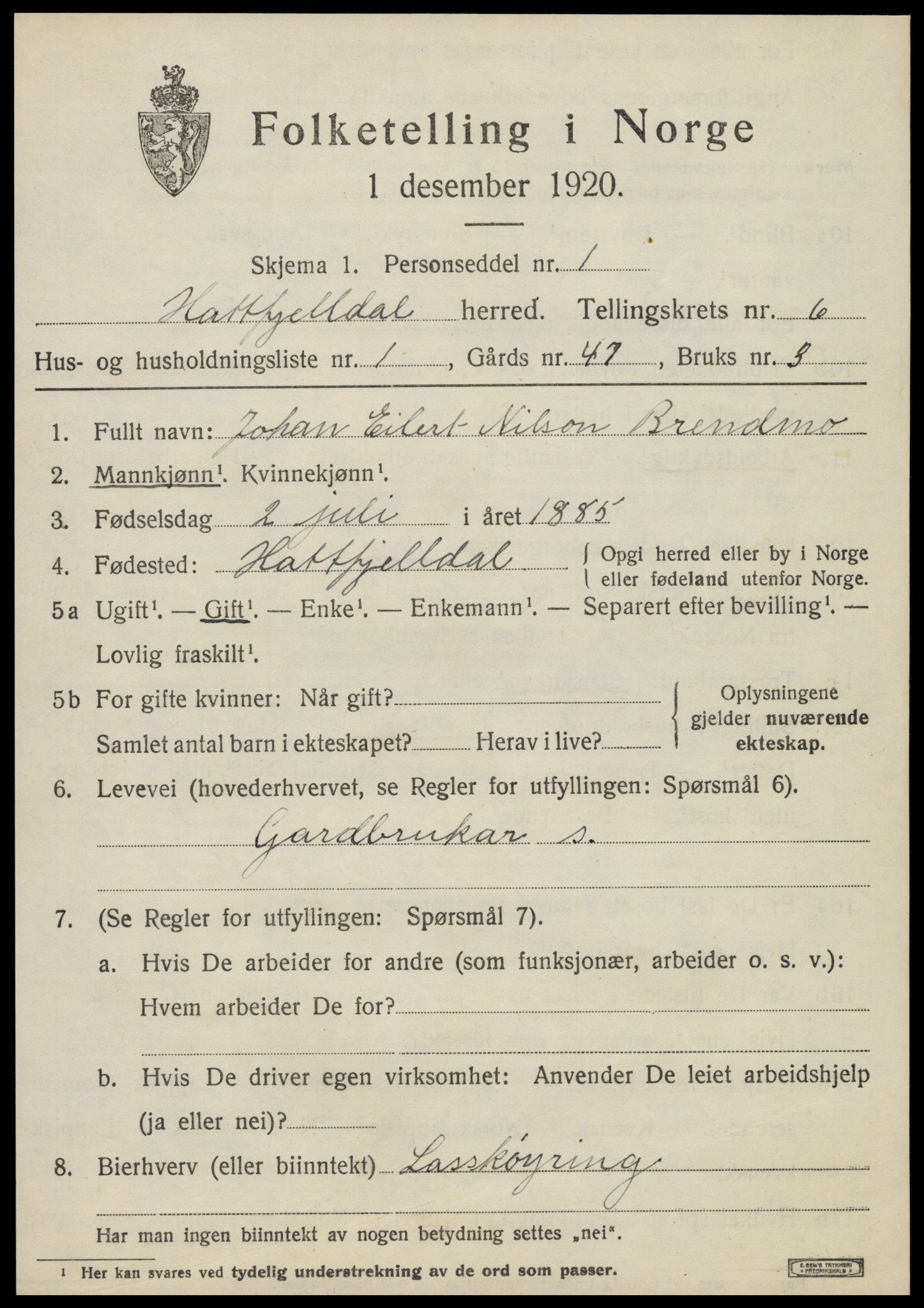 SAT, 1920 census for Hattfjelldal, 1920, p. 1260