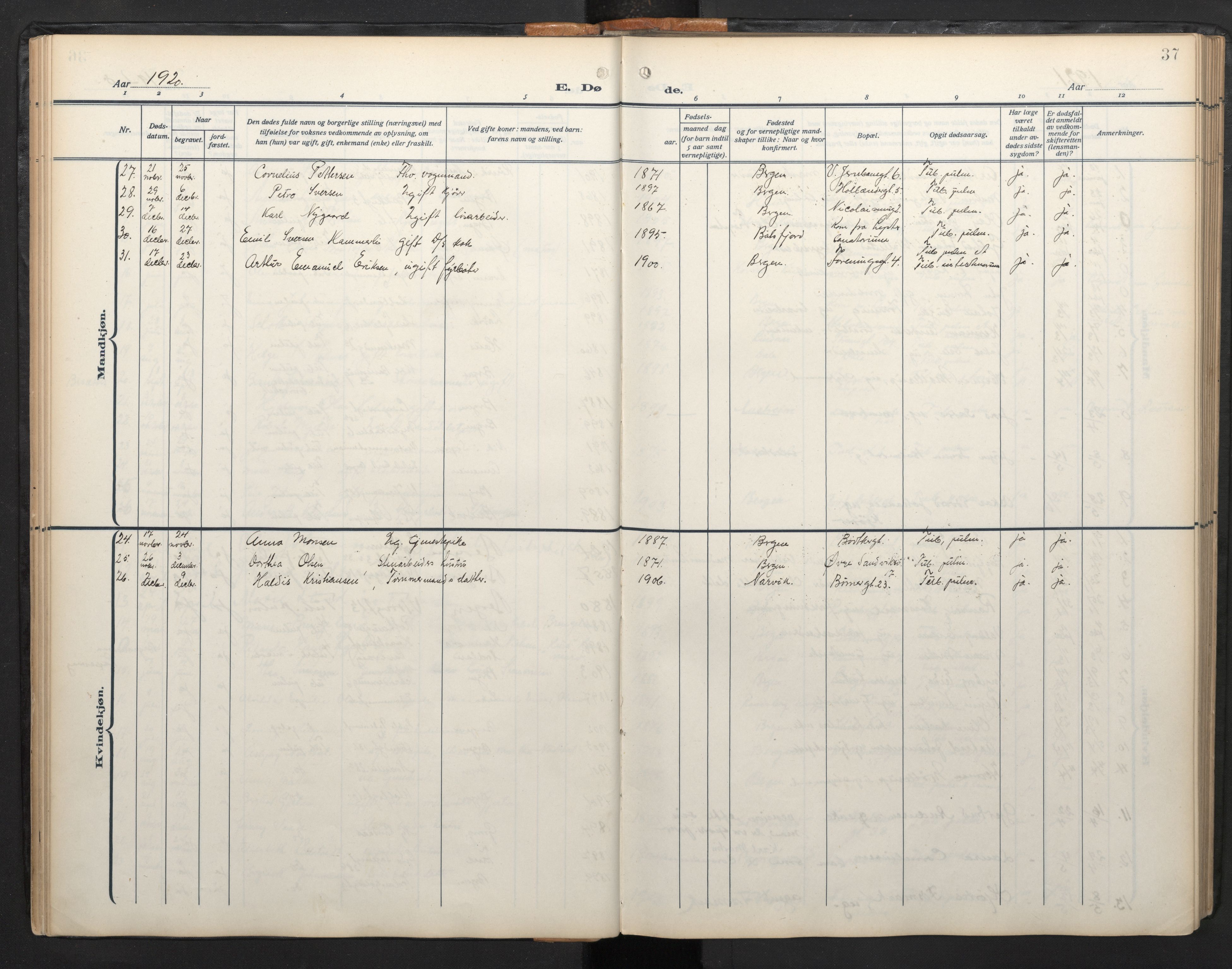 Arkivreferanse mangler*, SAB/-: Parish register (official) no. A 1, 1912-1957, p. 36b-37a