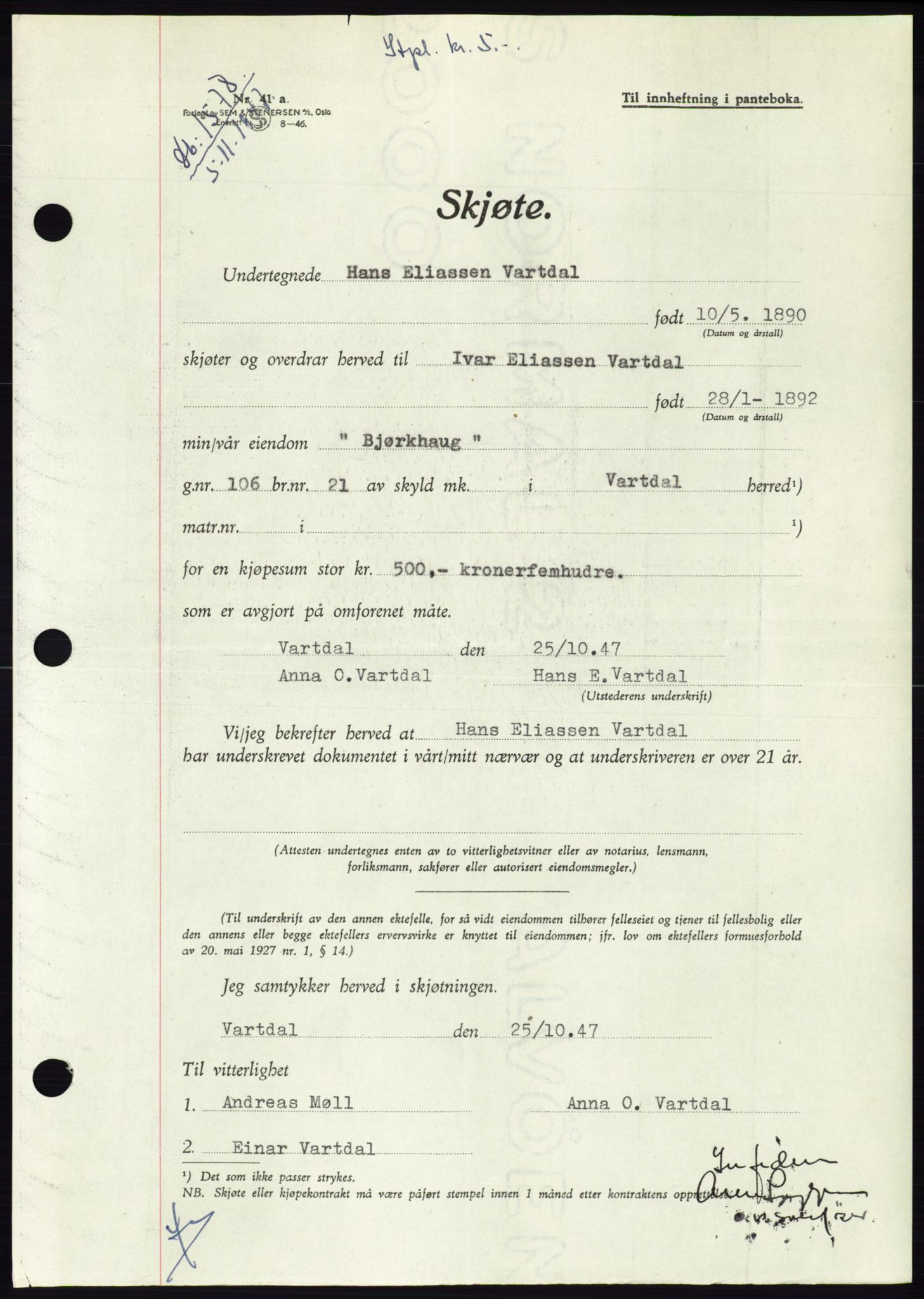 Søre Sunnmøre sorenskriveri, AV/SAT-A-4122/1/2/2C/L0081: Mortgage book no. 7A, 1947-1948, Diary no: : 1578/1947