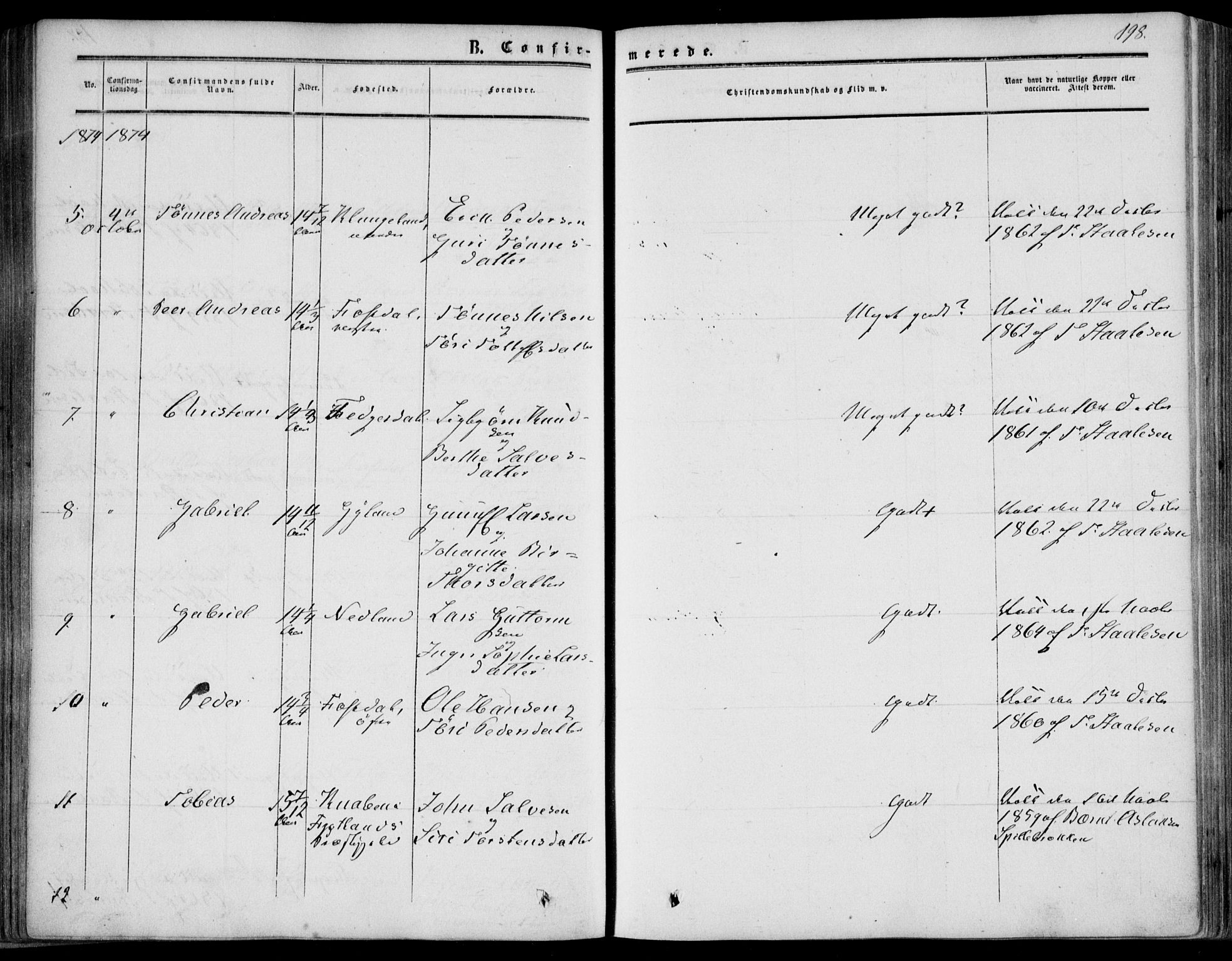 Bakke sokneprestkontor, AV/SAK-1111-0002/F/Fa/Fab/L0002: Parish register (official) no. A 2, 1855-1884, p. 198