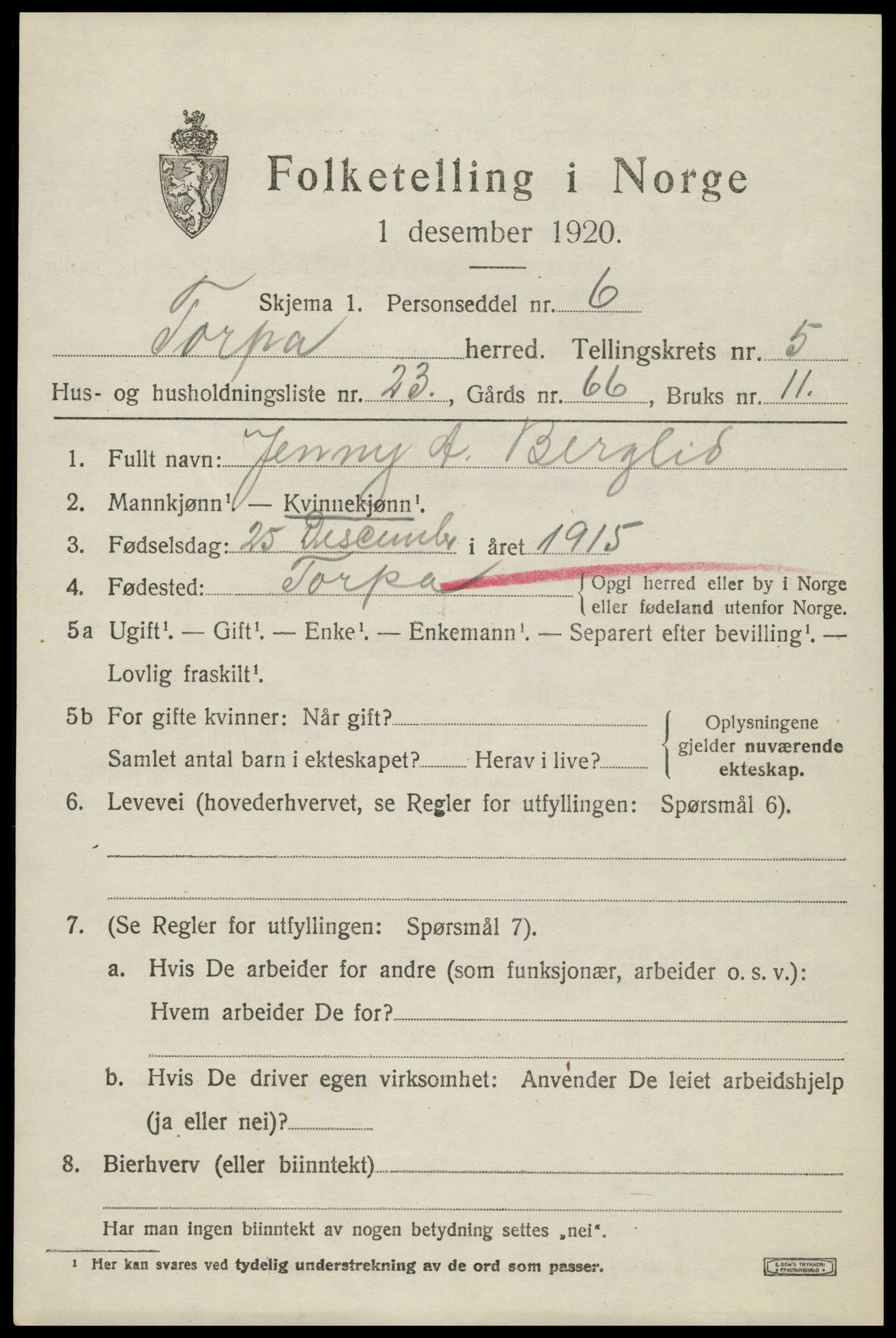 SAH, 1920 census for Torpa, 1920, p. 3751