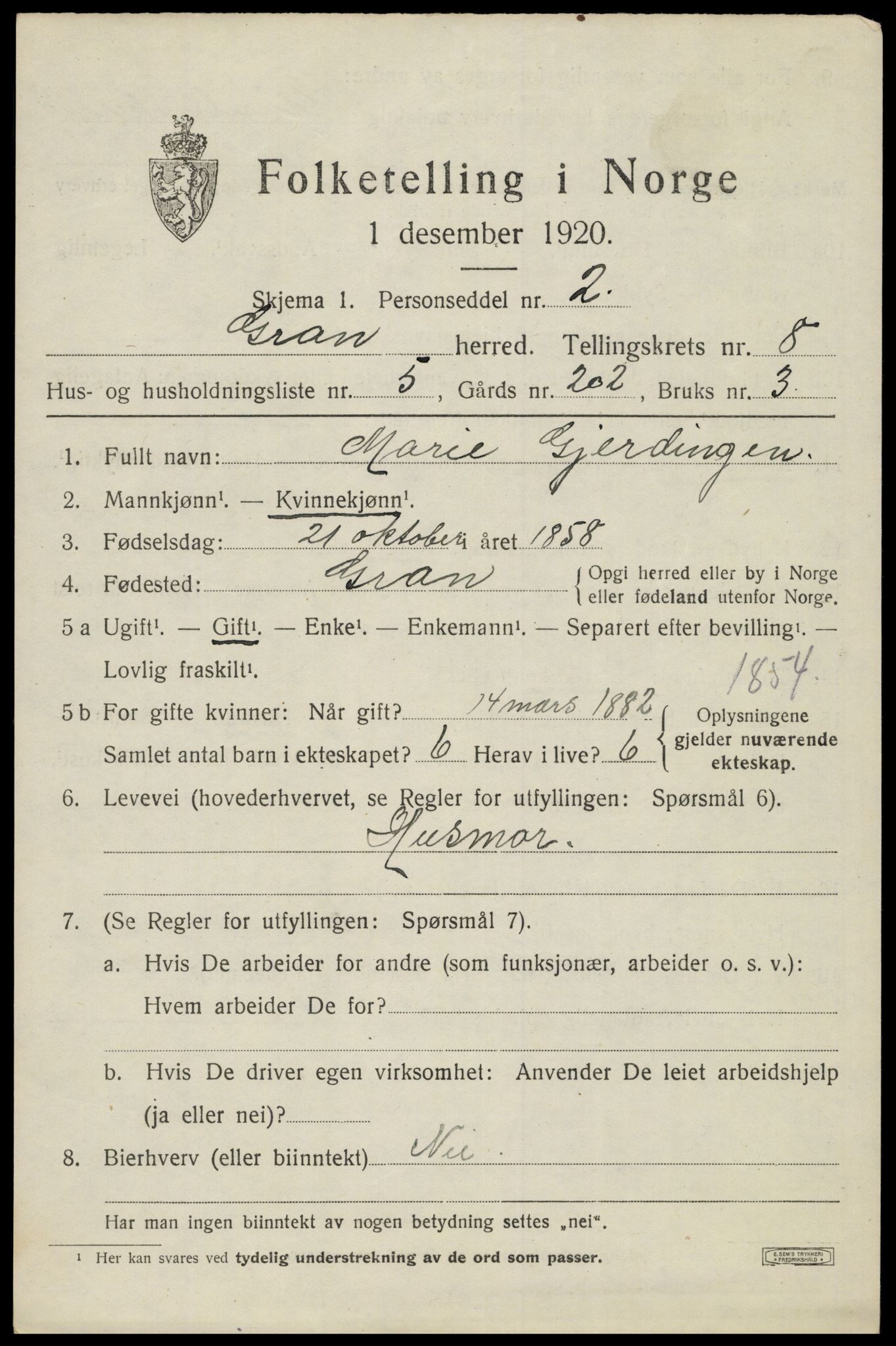 SAH, 1920 census for Gran, 1920, p. 10534