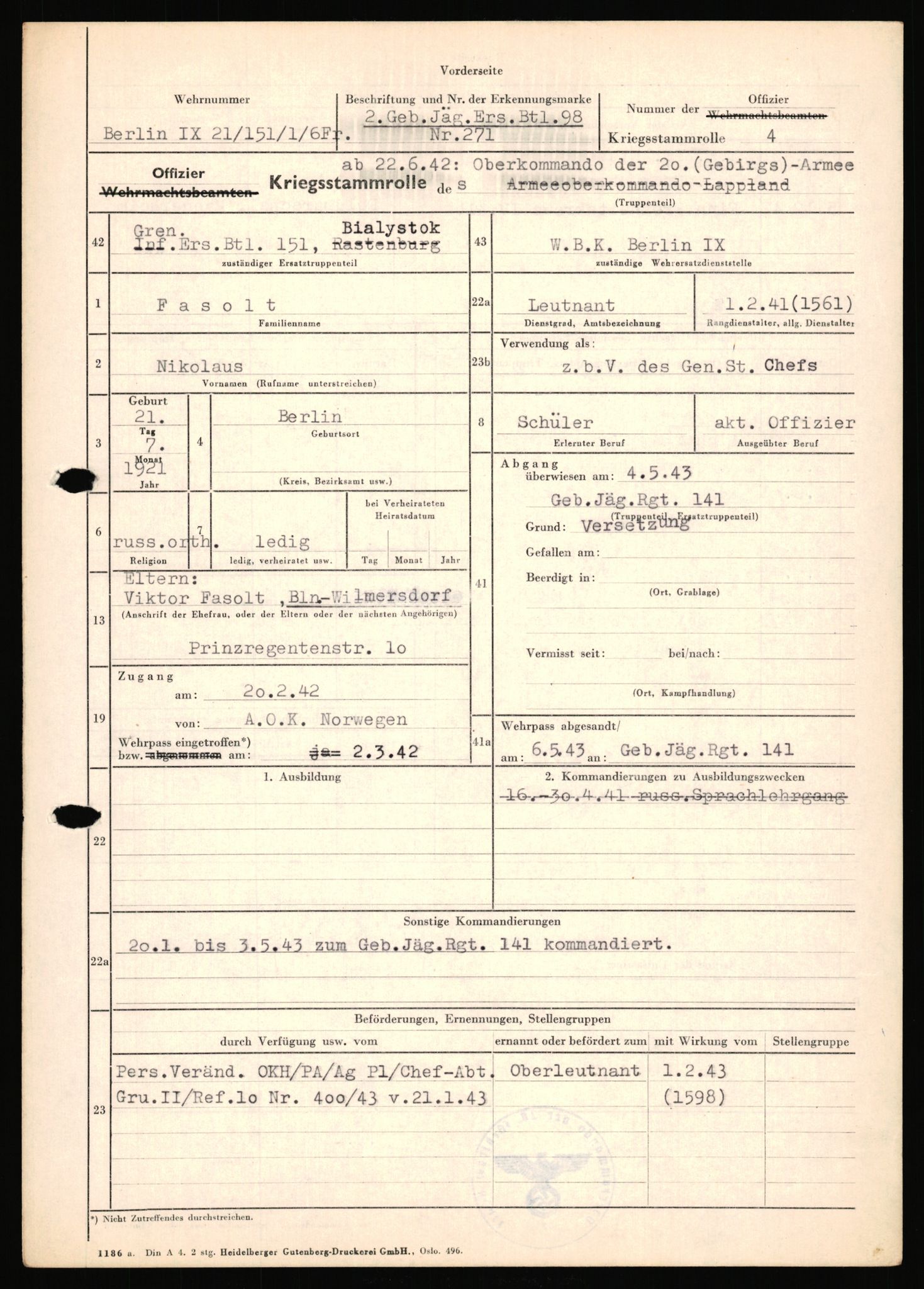 Forsvarets Overkommando. 2 kontor. Arkiv 11.4. Spredte tyske arkivsaker, AV/RA-RAFA-7031/D/Dar/Dara/L0018: Personalbøker, 1940-1945, p. 434