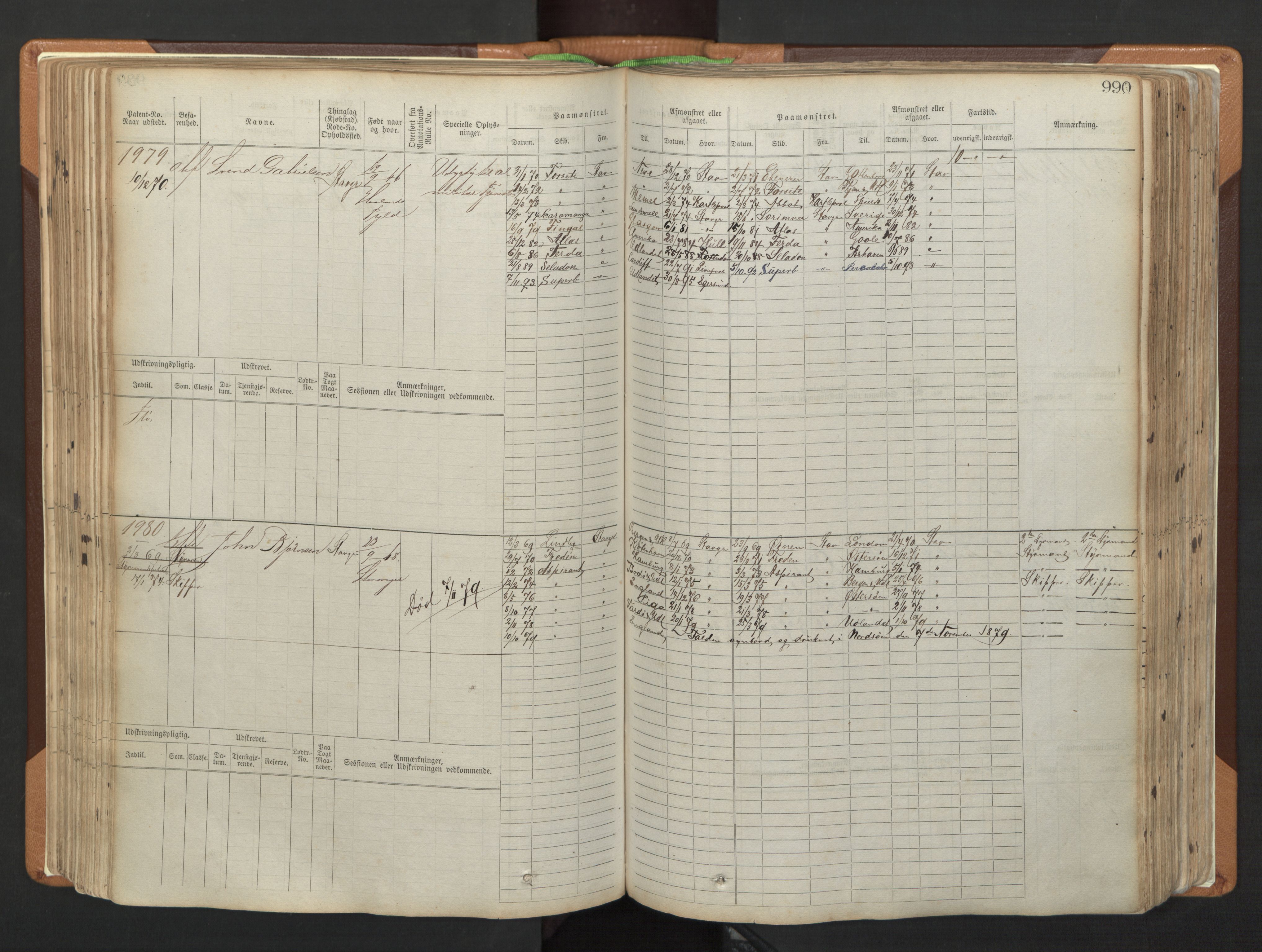 Stavanger sjømannskontor, AV/SAST-A-102006/F/Fb/Fbb/L0006: Sjøfartshovedrulle, patentnr. 1607-2402 (del 3), 1869-1880, p. 190