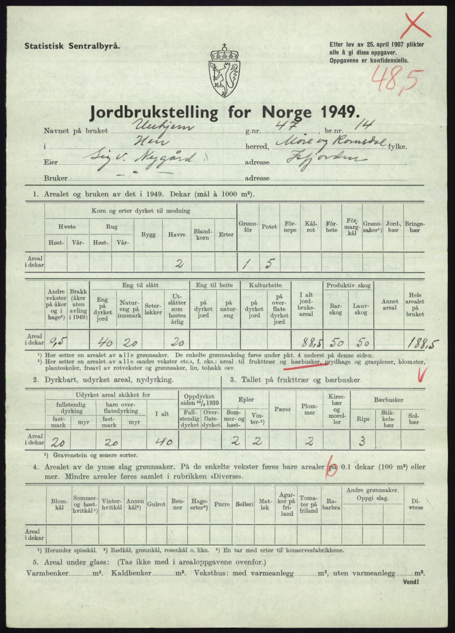 Statistisk sentralbyrå, Næringsøkonomiske emner, Jordbruk, skogbruk, jakt, fiske og fangst, AV/RA-S-2234/G/Gc/L0323: Møre og Romsdal: Grytten og Hen, 1949, p. 833