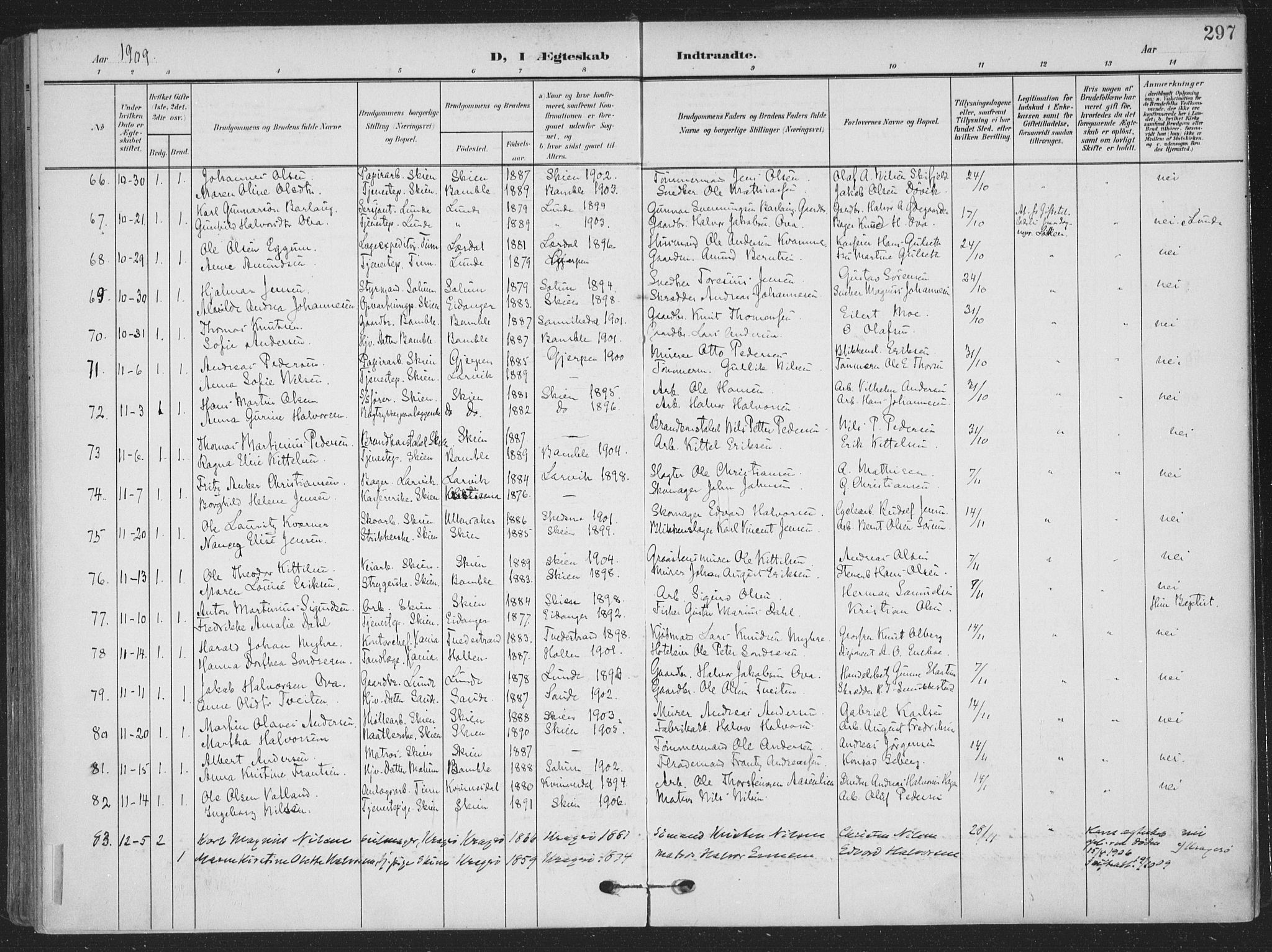 Skien kirkebøker, SAKO/A-302/F/Fa/L0012: Parish register (official) no. 12, 1908-1914, p. 297