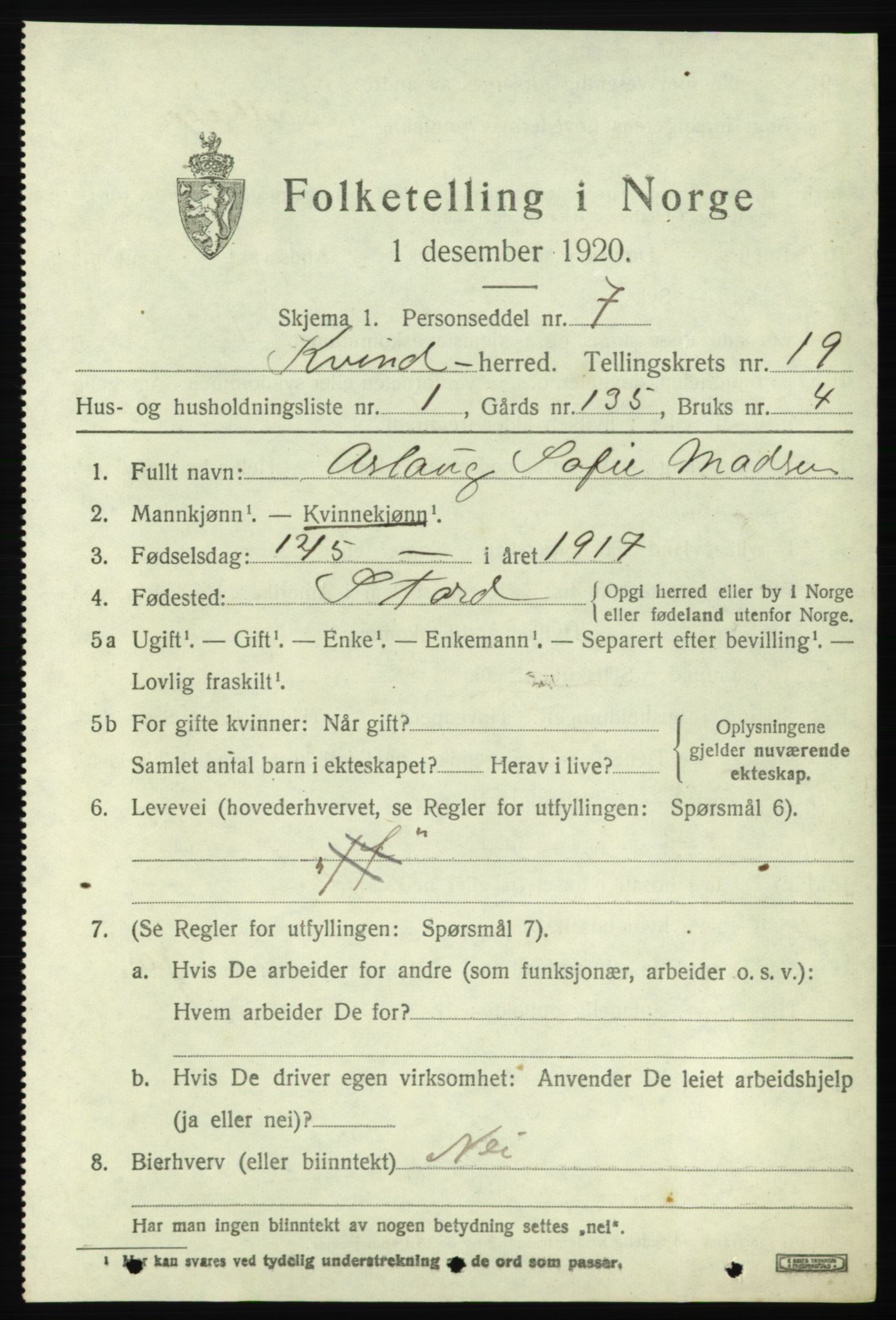 SAB, 1920 census for Kvinnherad, 1920, p. 11898