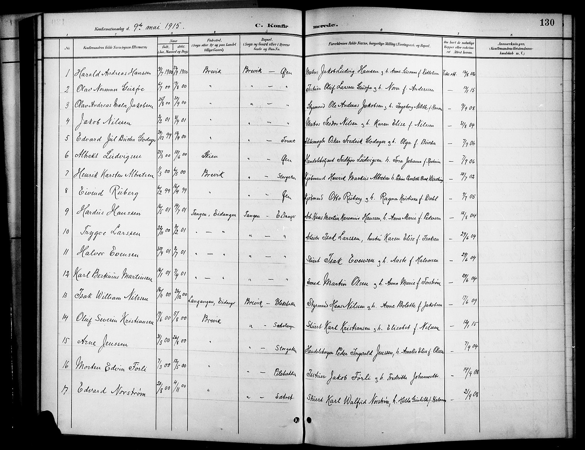 Brevik kirkebøker, SAKO/A-255/G/Ga/L0005: Parish register (copy) no. 5, 1901-1924, p. 130
